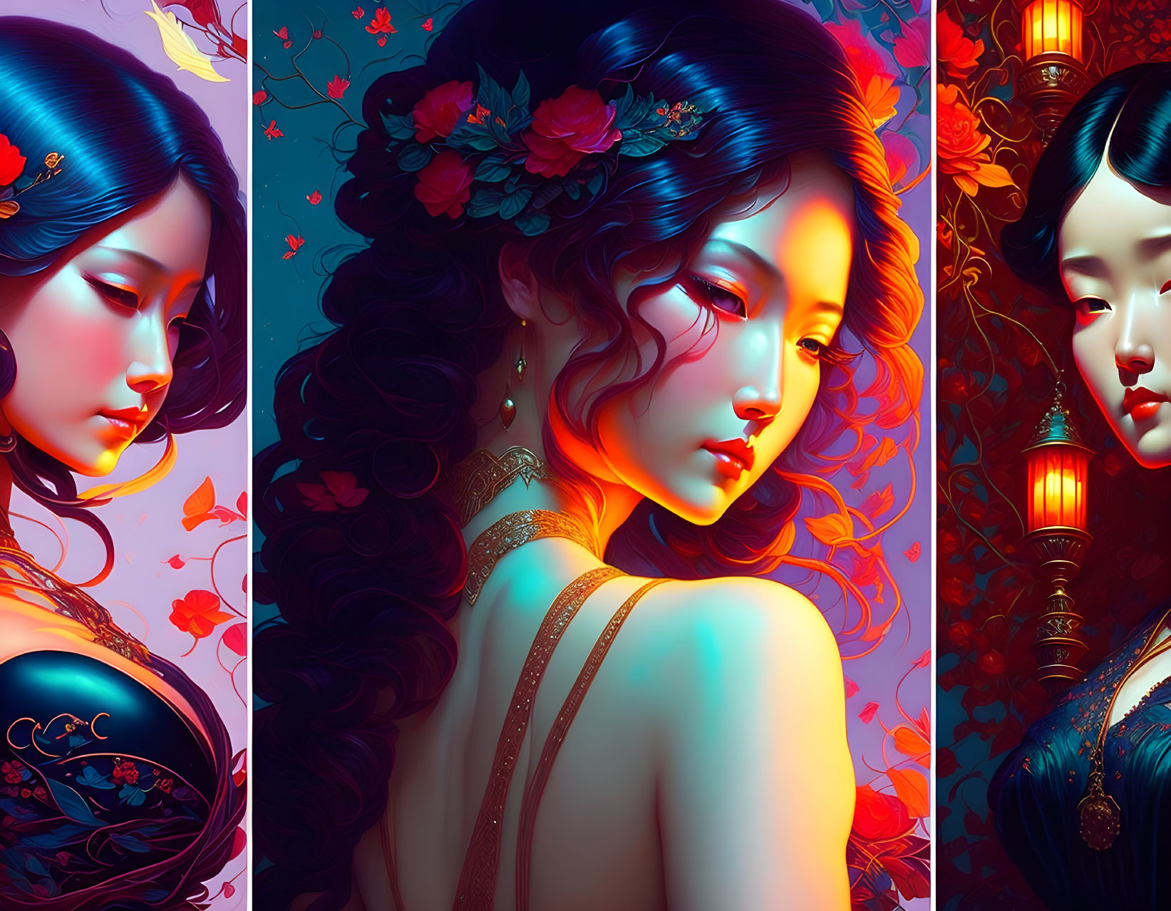 Vibrant stylized portraits of a woman with elaborate hairstyles and floral adornments