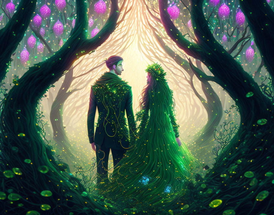 Ethereal figures in plant-like attire in mystical forest with glowing fruit