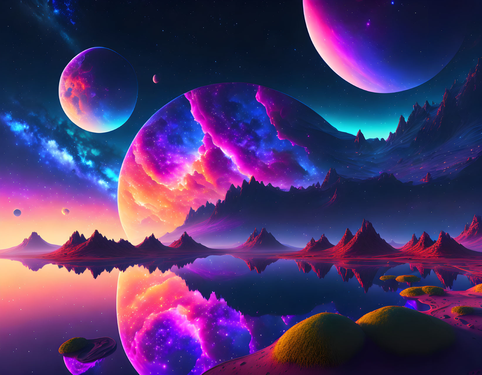 Colorful cosmic landscape with purple nebulae, planets, stars, and alien terrain