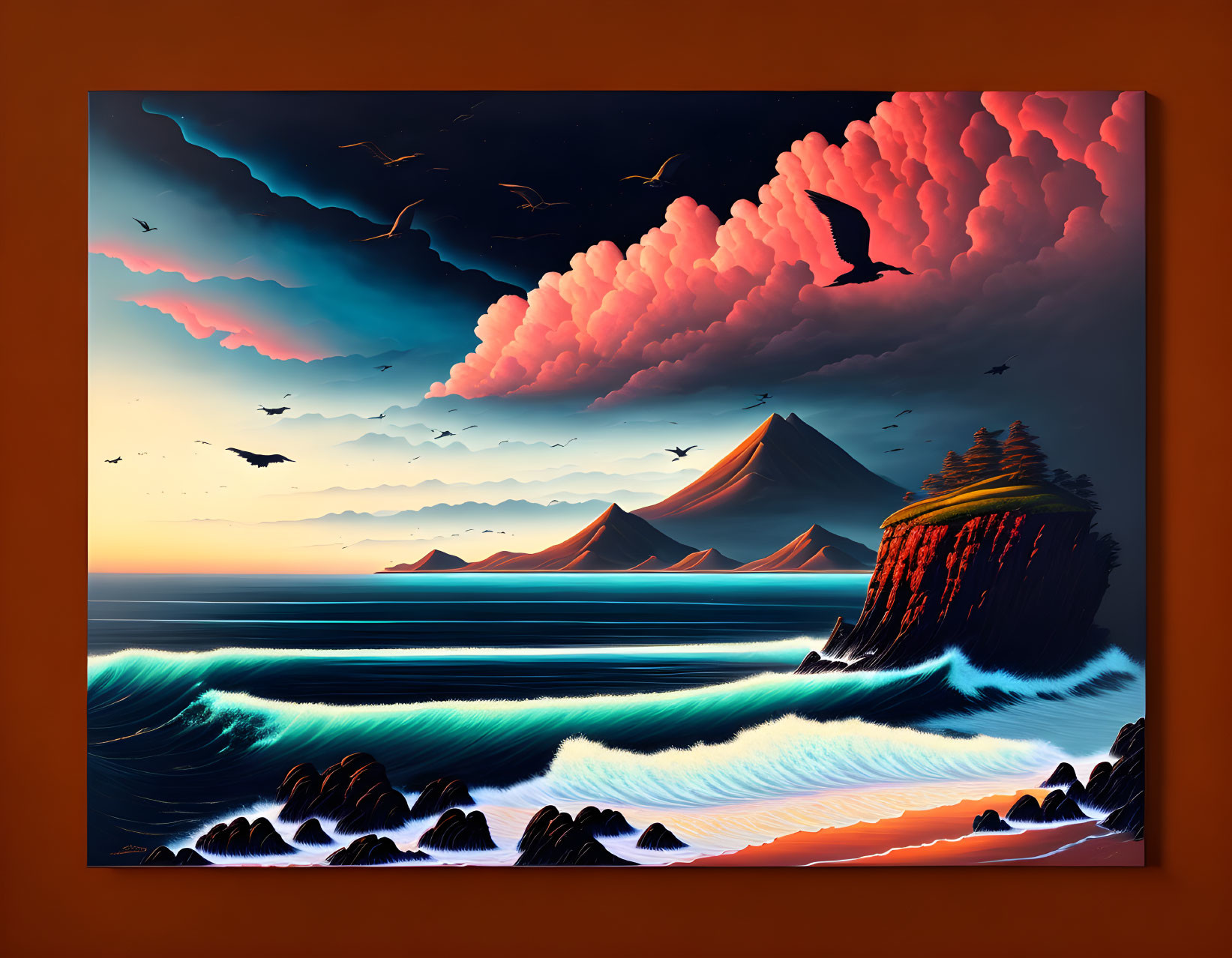 Vibrant sunset seascape with clouds, birds, mountains, and crashing waves