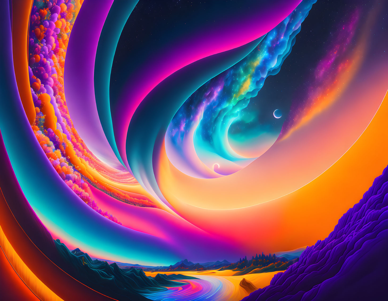 Surreal landscape with cosmic waves and vivid colors