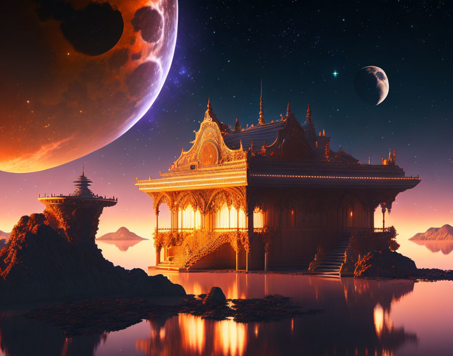 Majestic temple structure on lakeshore with moons and planets in sky