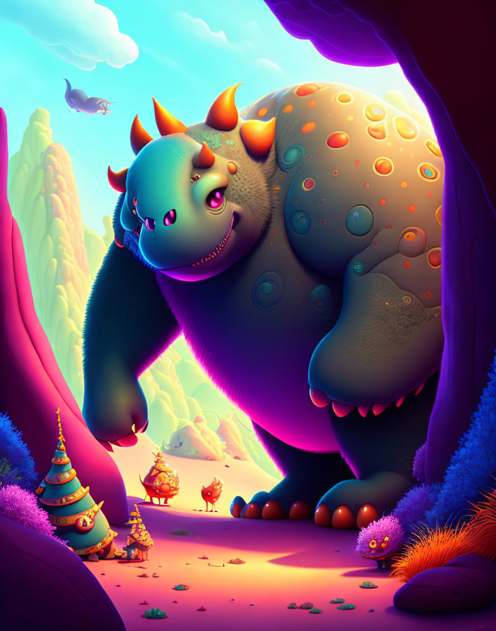 Colorful whimsical illustration: Friendly blue monster in vibrant alien landscape.