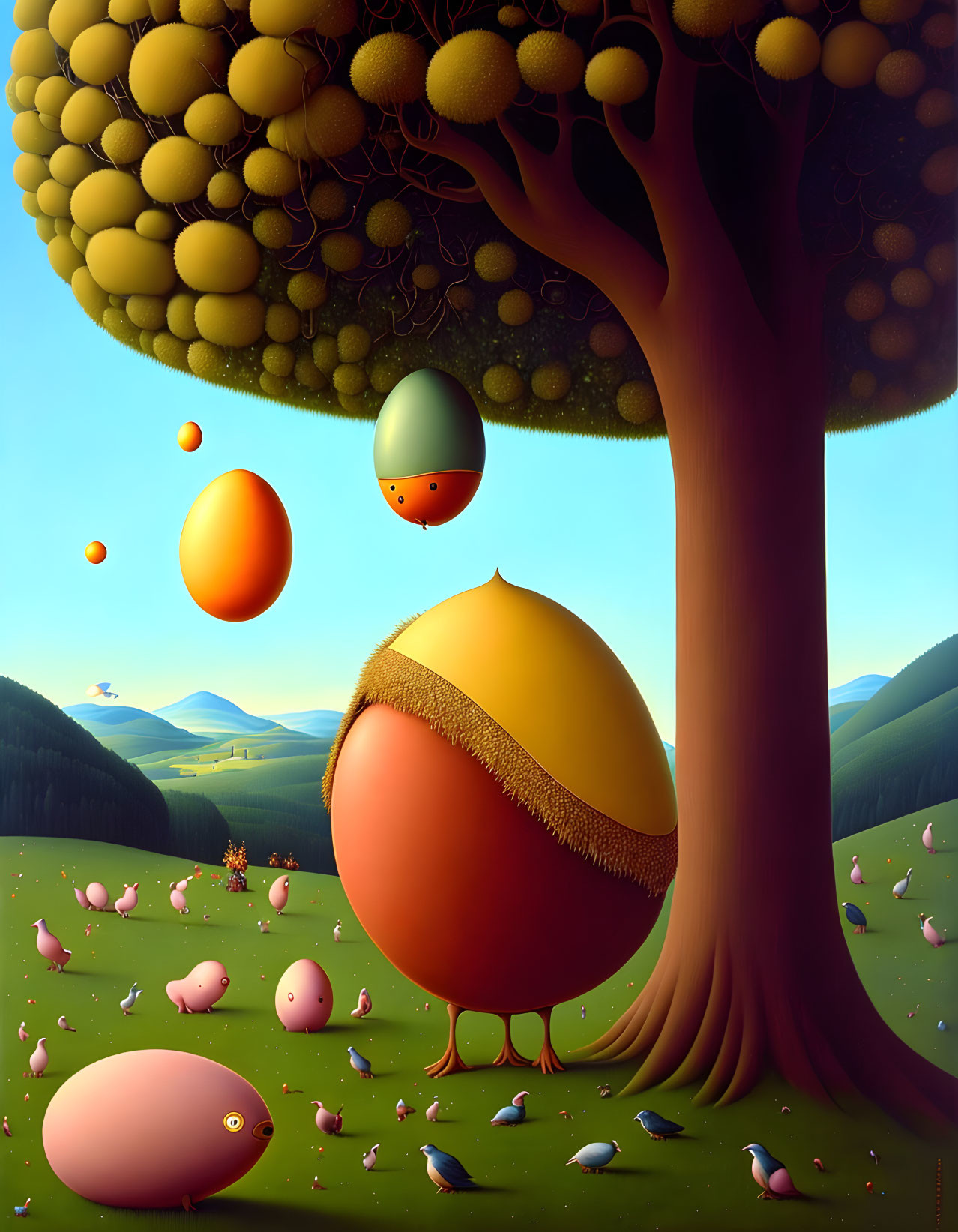 Colorful Tree Painting with Balloon-Like Fruits and Bird-Like Creatures