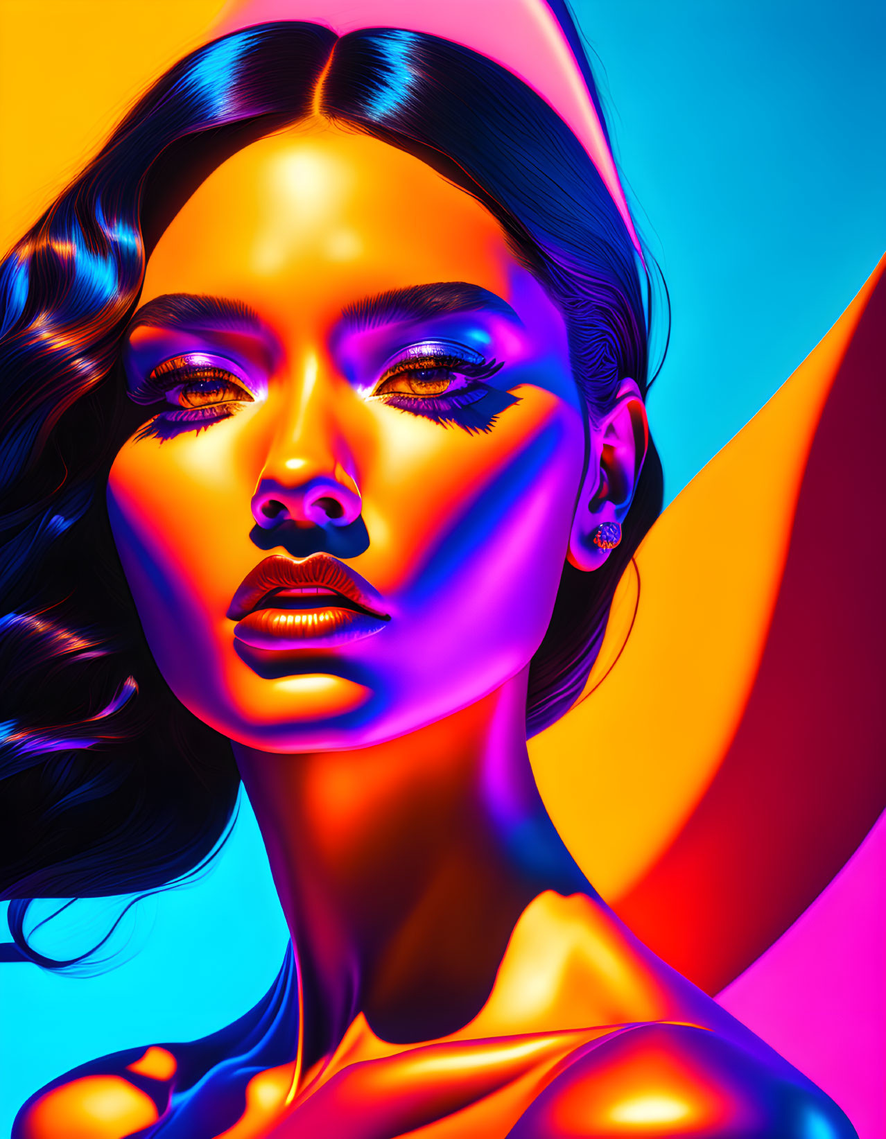 Colorful digital portrait of a woman with bold makeup under blue and orange lighting