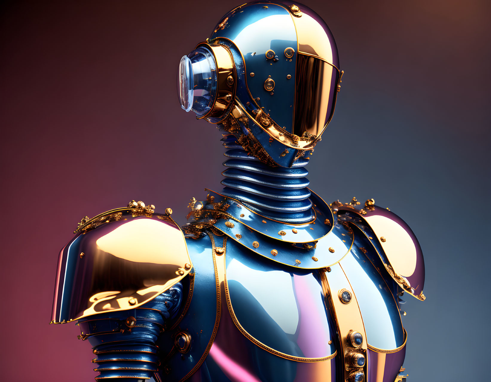 Blue and gold humanoid robot with intricate details and futuristic helmet