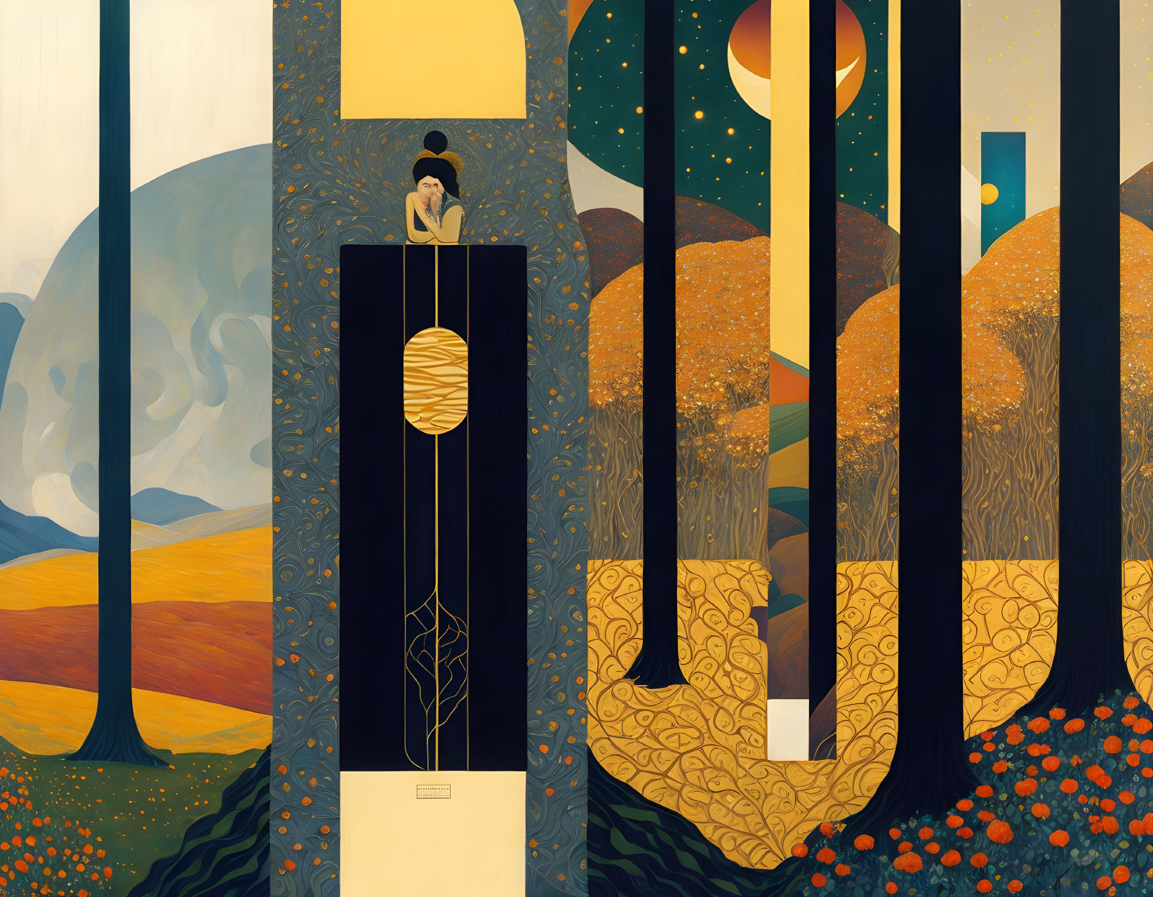 Surreal autumn landscape with stylized trees and figure atop column