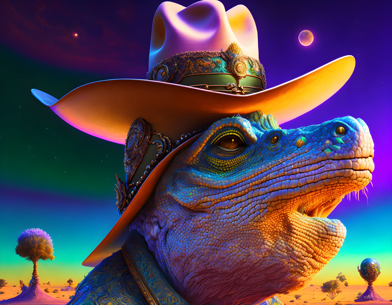 Stylized lizard in ornate cowboy hat against twilight sky