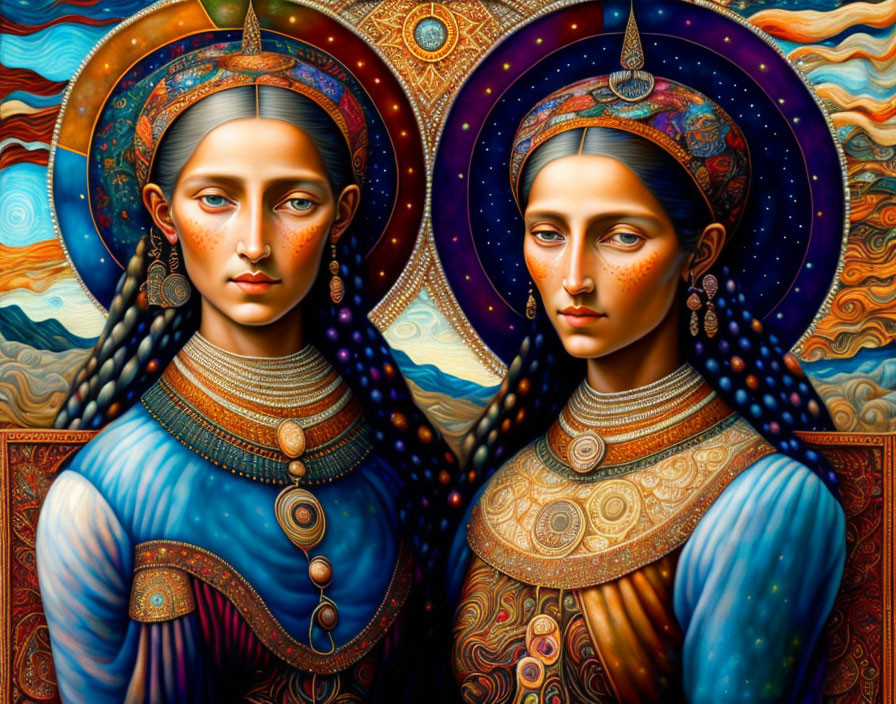 Symmetrical female figures in blue and gold attire on cosmic background