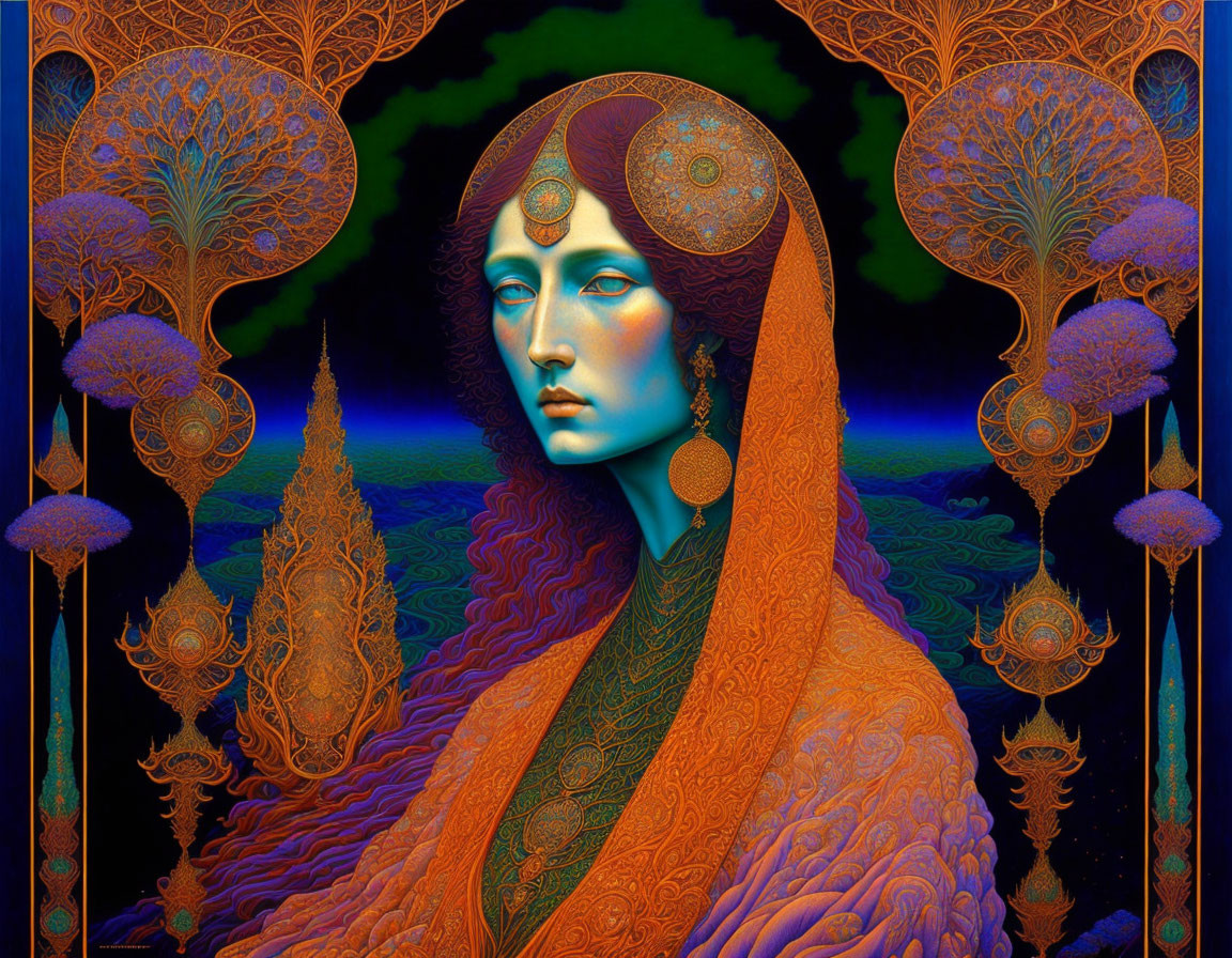 Detailed digital art: Woman with ornate headdress in surreal setting