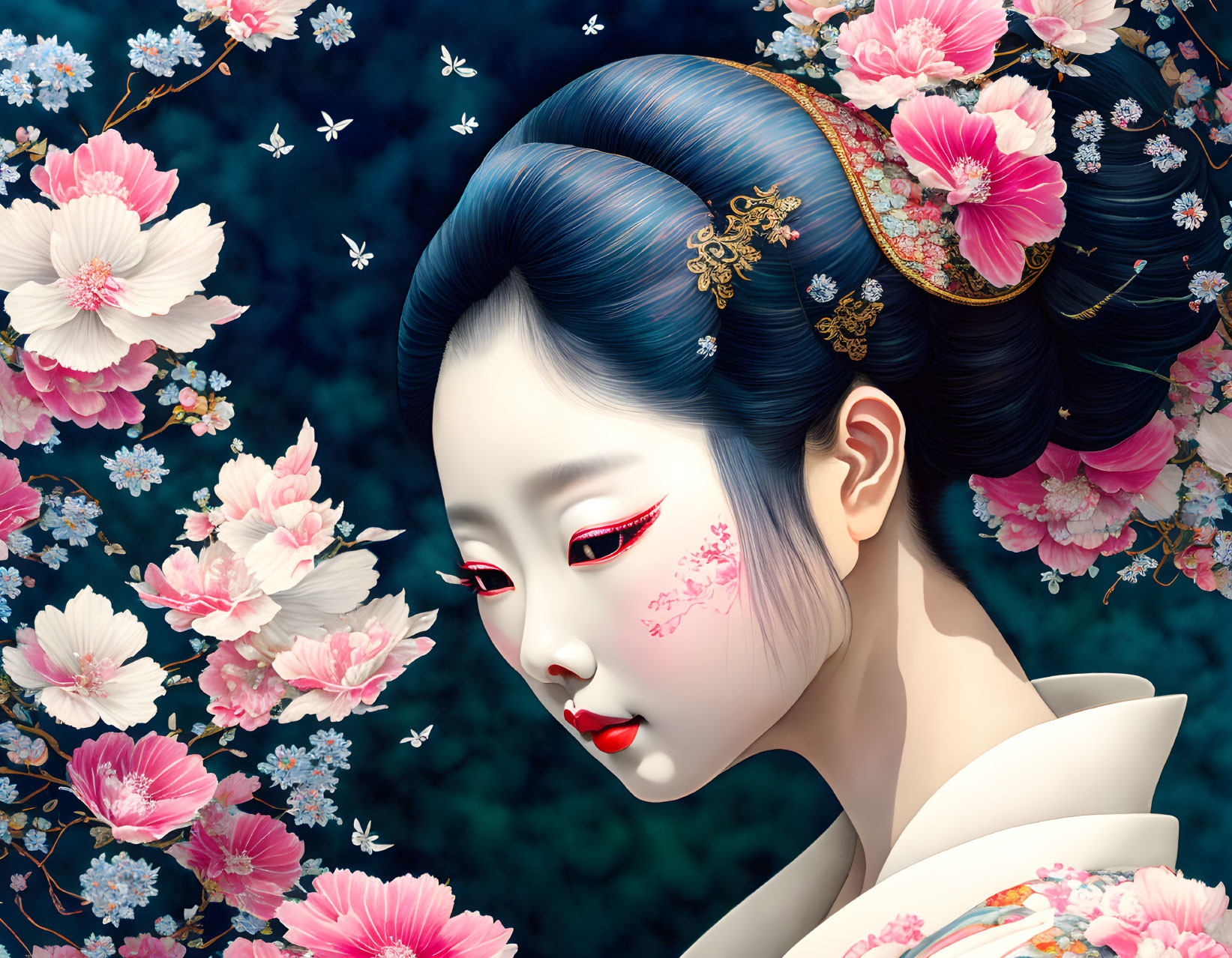 Digital artwork: Woman with floral hairstyle in cherry blossom background