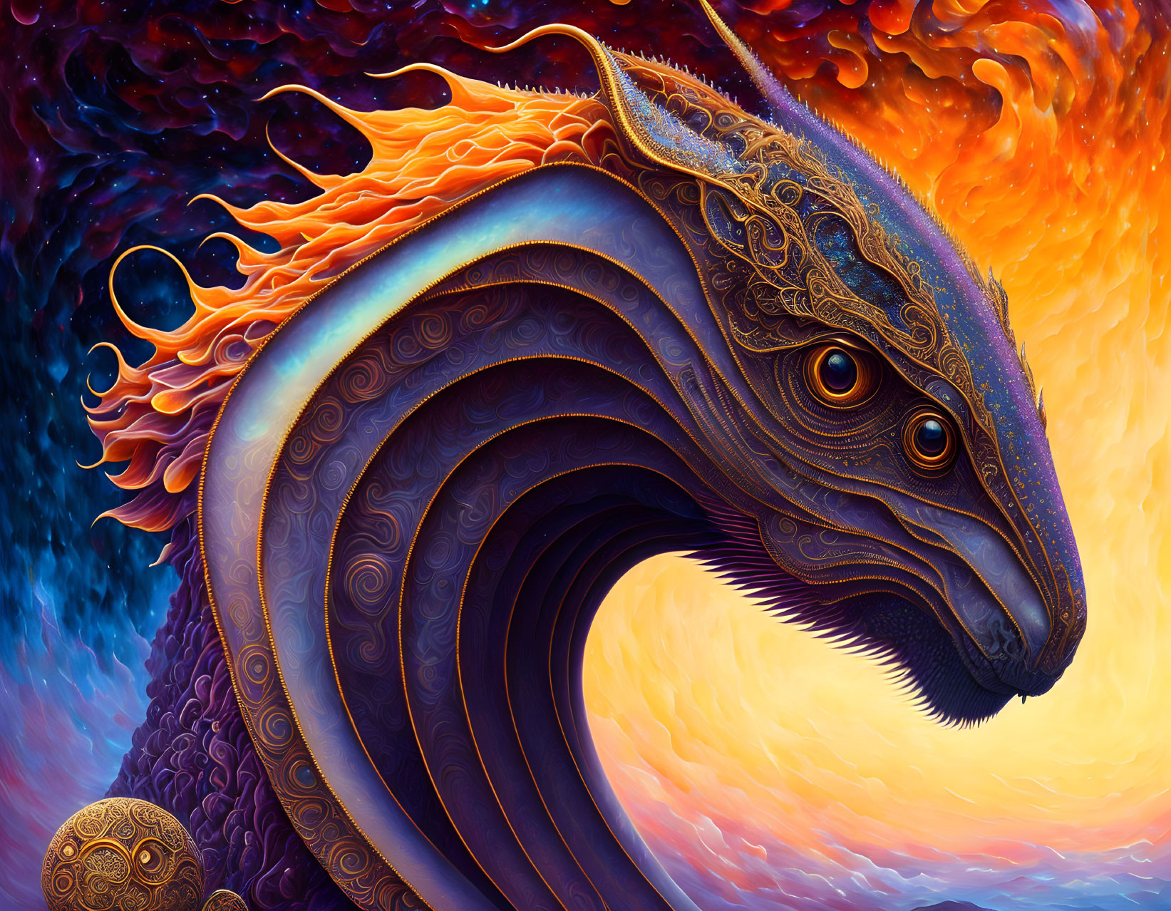 Colorful Mythical Dragon with Golden Detailing on Cosmic Background