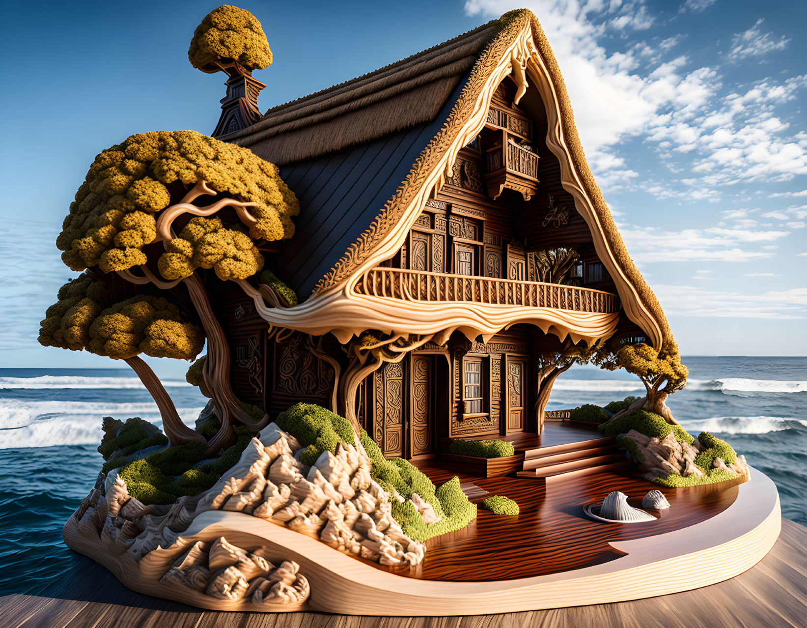 Intricately carved wooden fantasy house on lush island cliff overlooking ocean