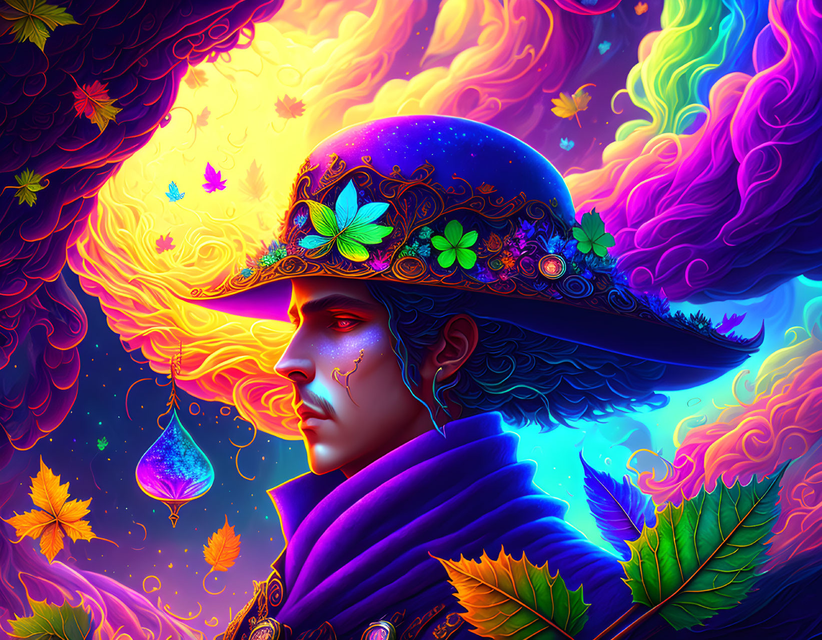 Colorful digital artwork of person in decorated hat & purple coat against autumn-themed backdrop