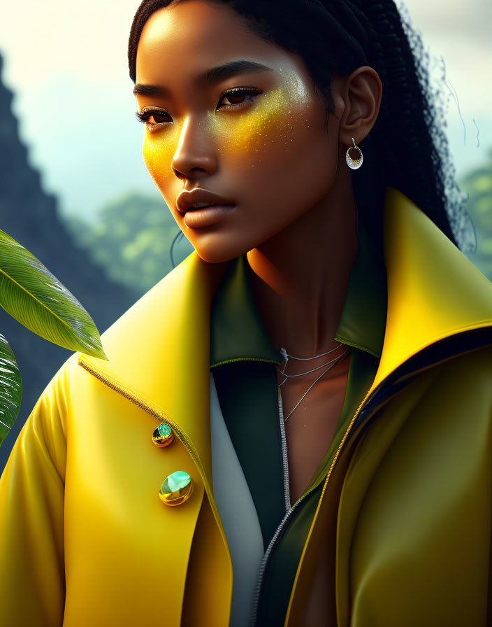 Digital portrait of woman in glittery makeup & yellow coat against serene foliage backdrop