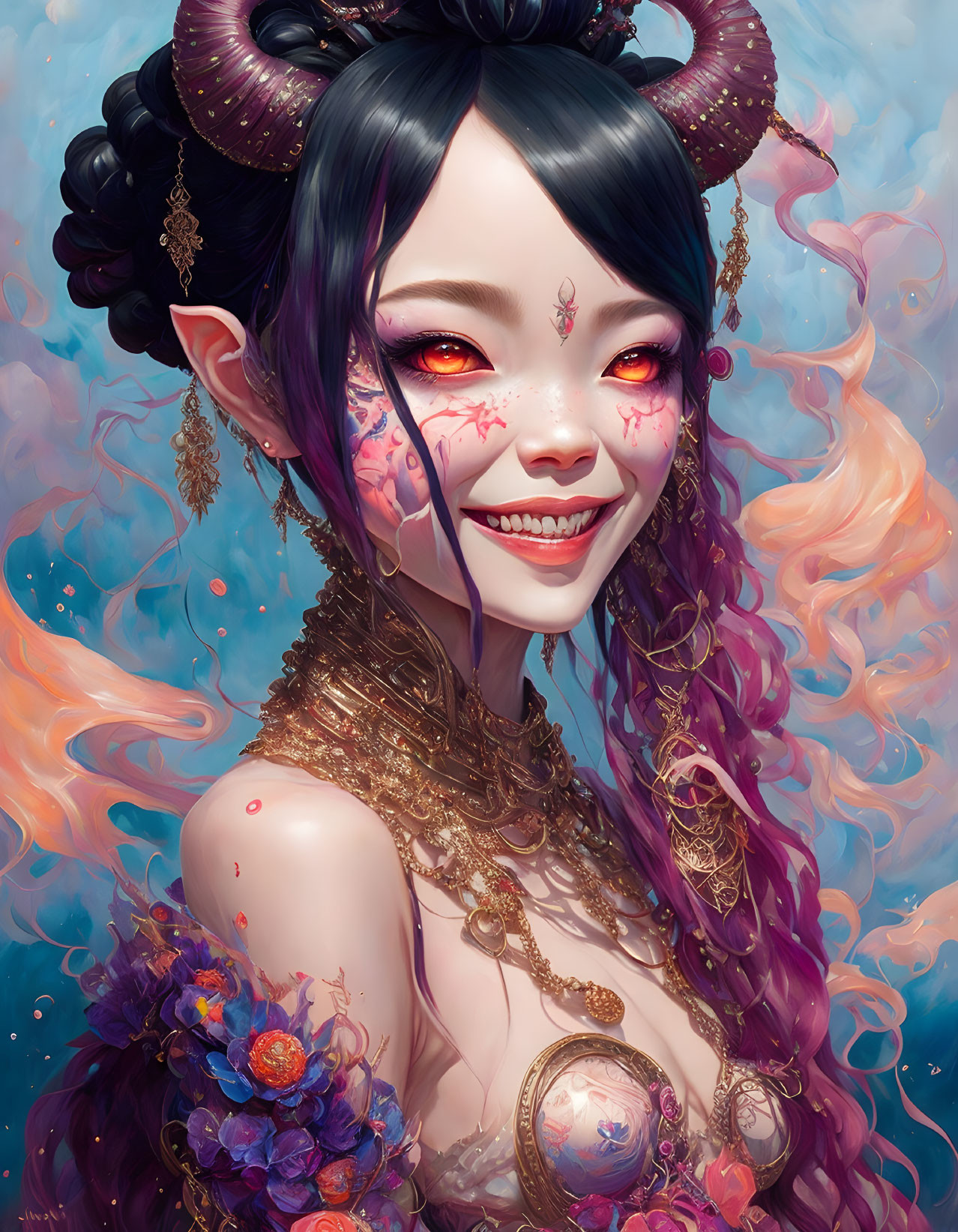 Fantastical illustration of a smiling female character with purple hair and unique features