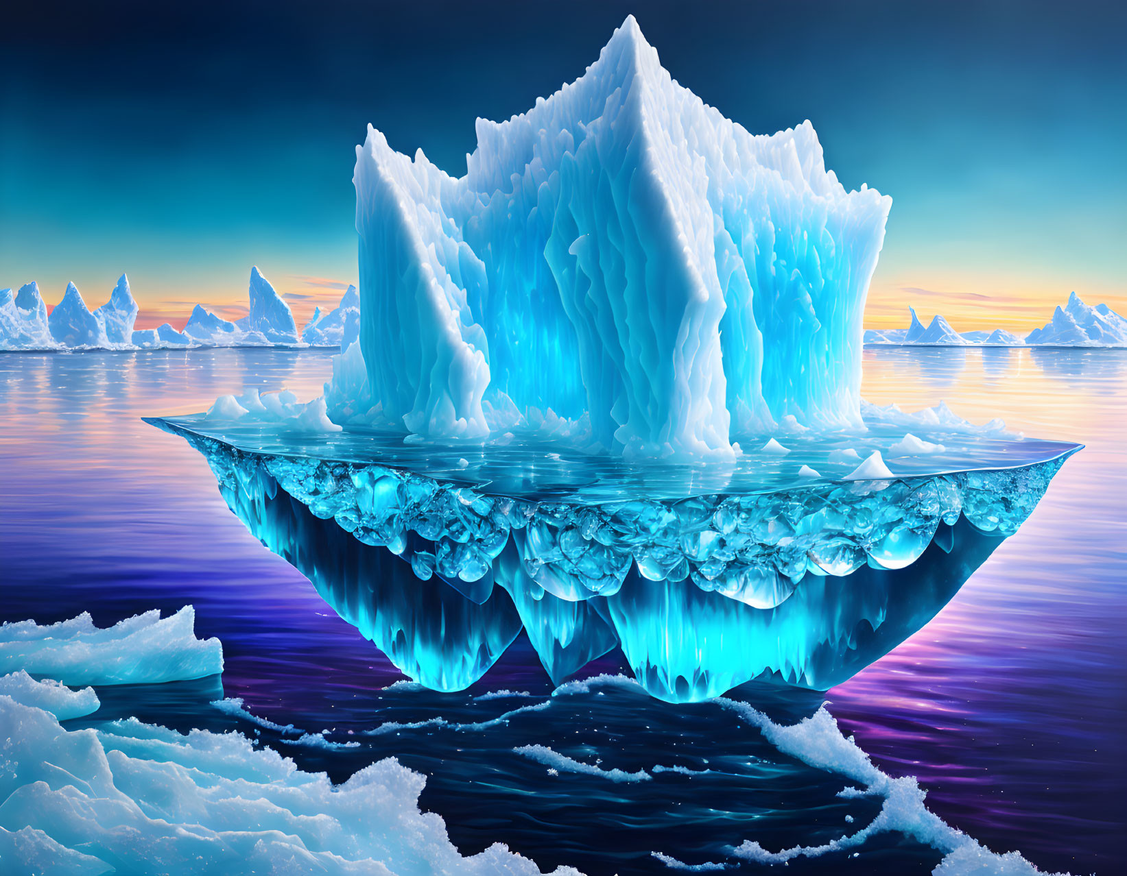 Textured iceberg floating on tranquil sea under gradient sky and distant icebergs