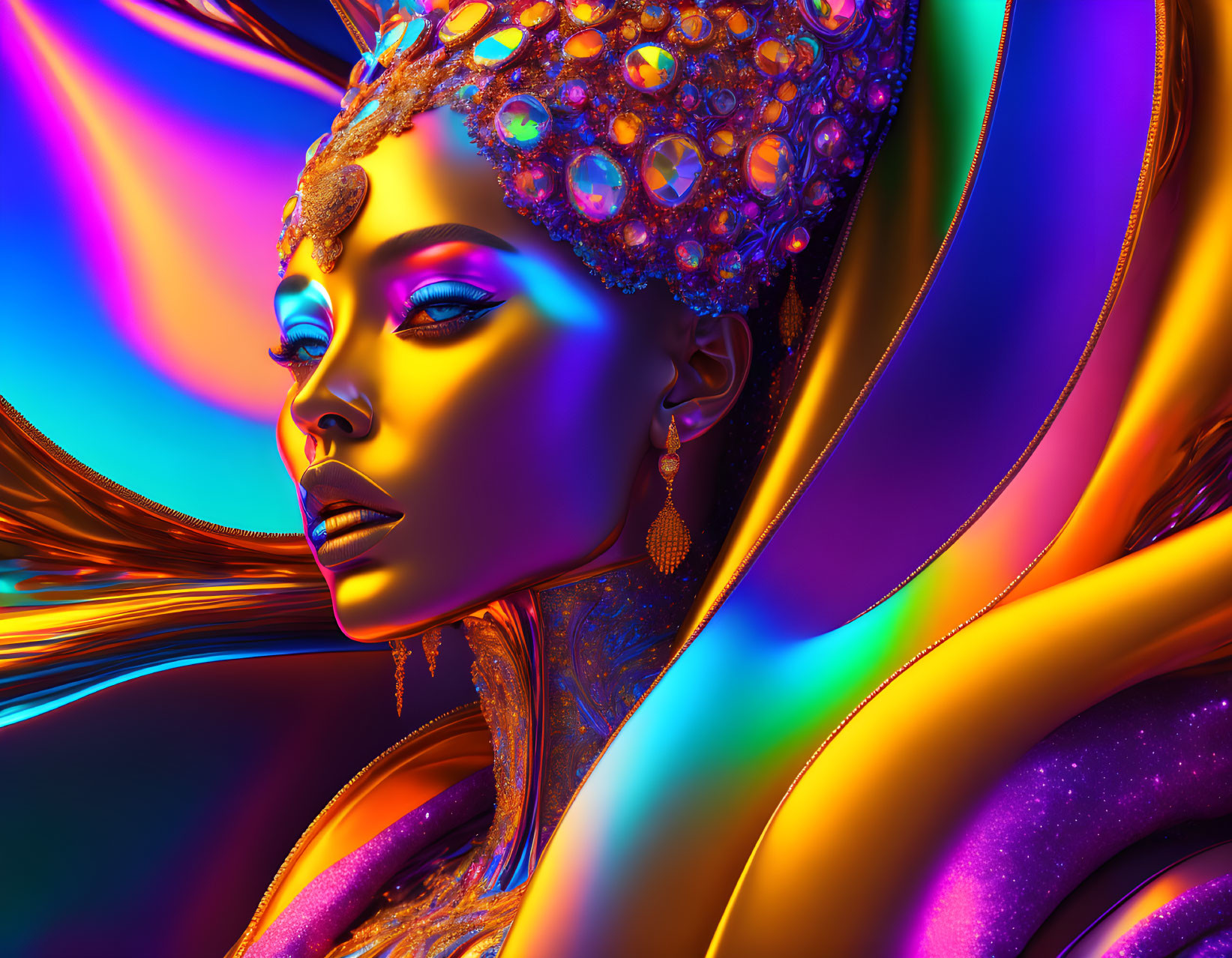 Colorful digital artwork of woman with elaborate headdress and iridescent robes