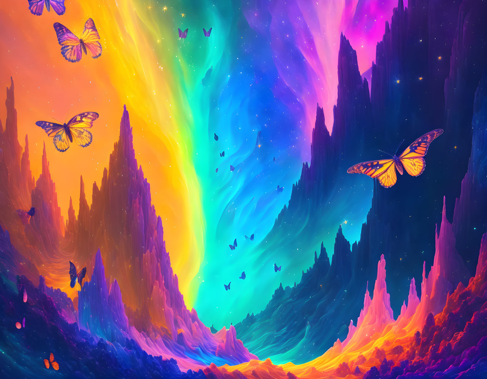 Colorful digital art: neon fantasy landscape with cliffs, butterflies, and starlit sky