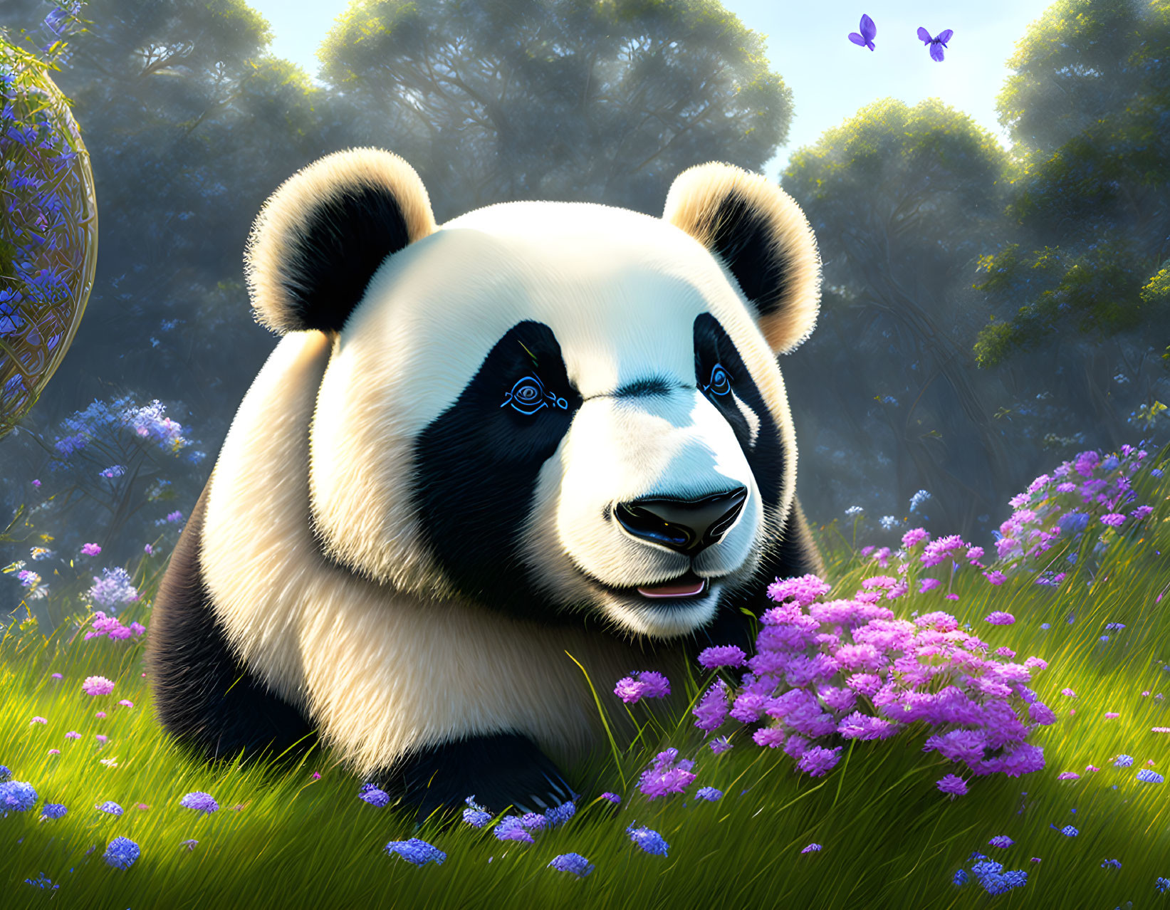 Colorful digital artwork: Panda in sunlit meadow with purple flowers & butterflies