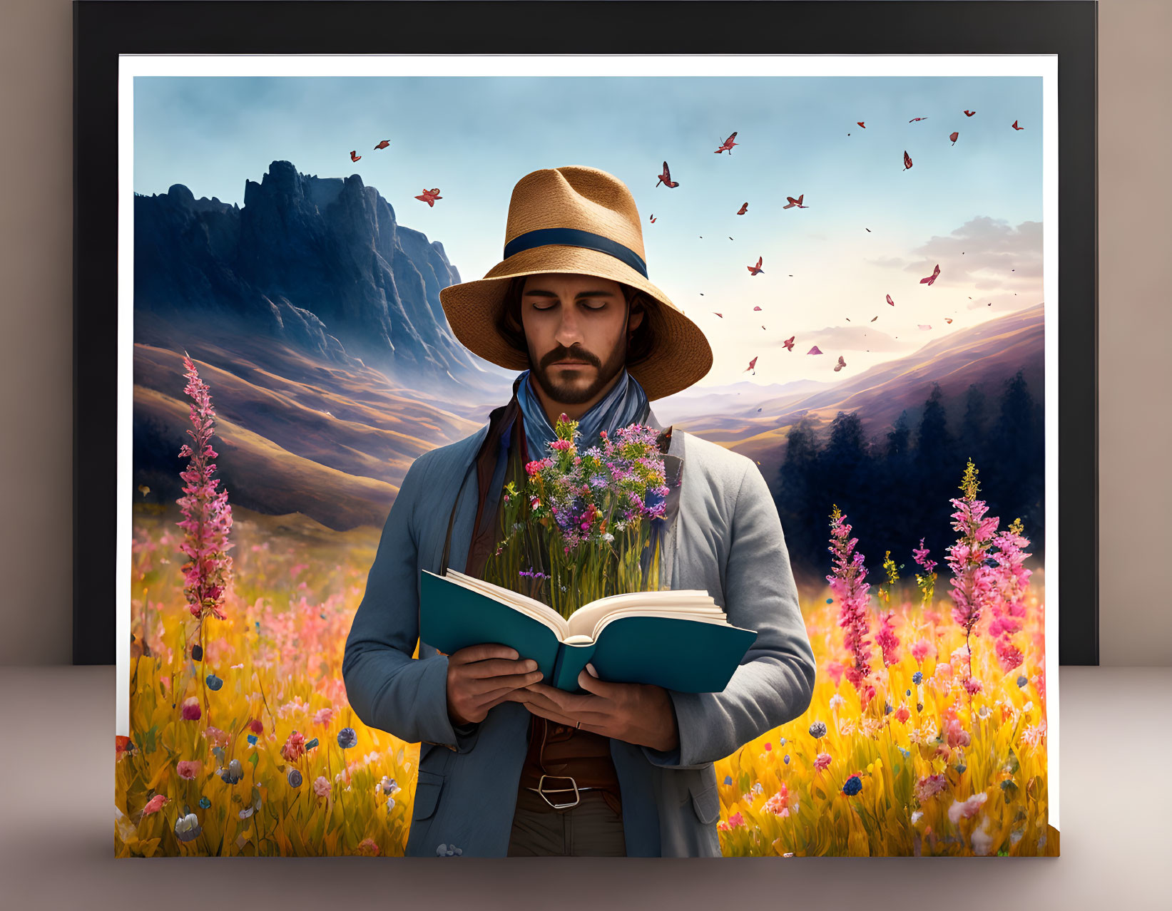 Man reading book in vibrant field with flowers, butterflies, and mountains.