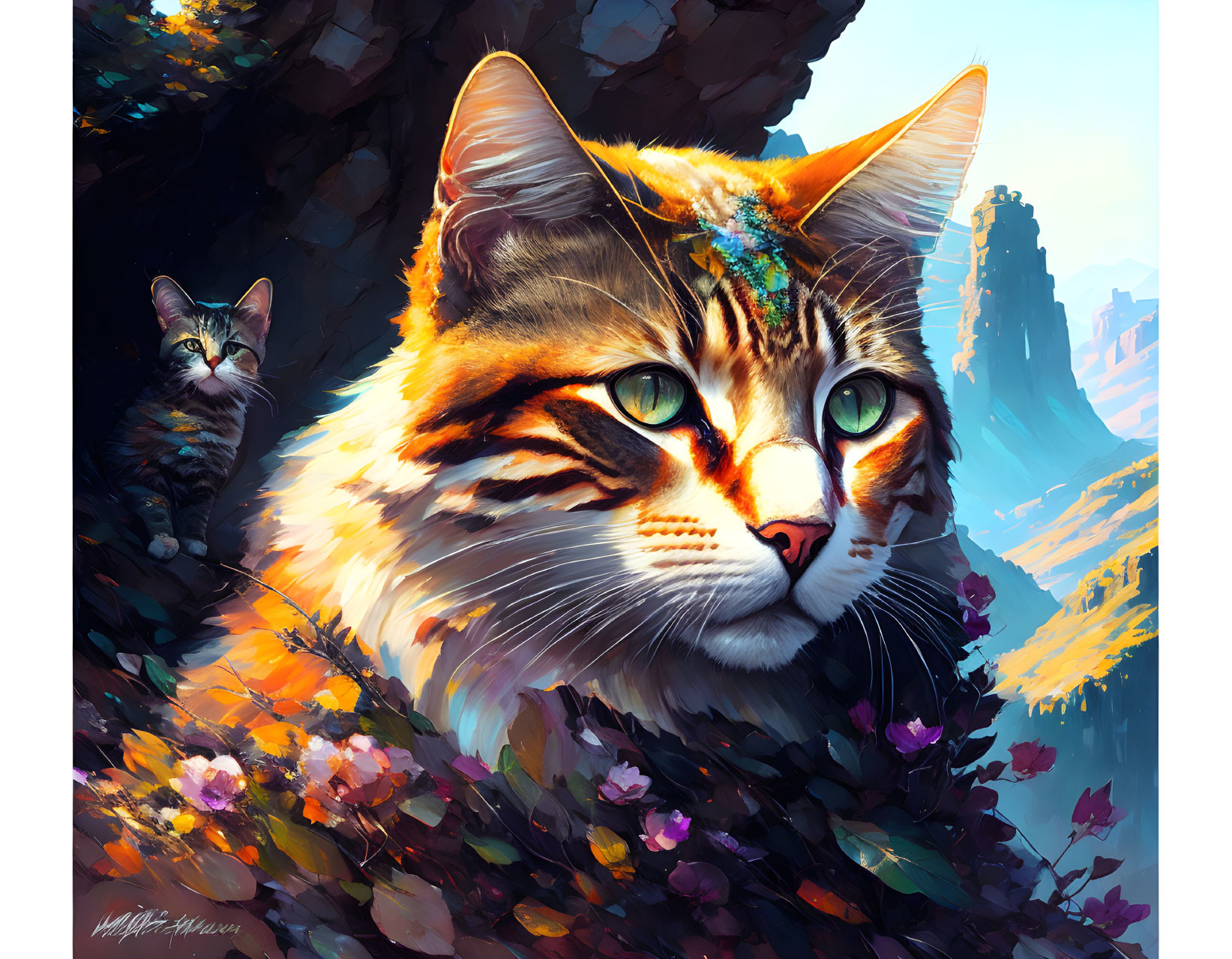 Colorful digital artwork: Detailed cat's face in surreal landscape