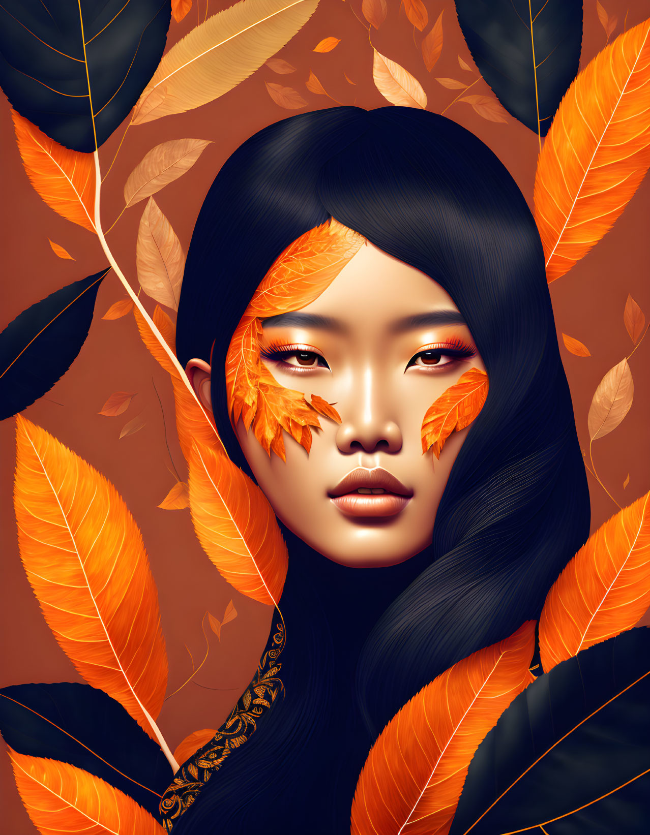 Asian woman in digital art with black hair and orange autumn leaves