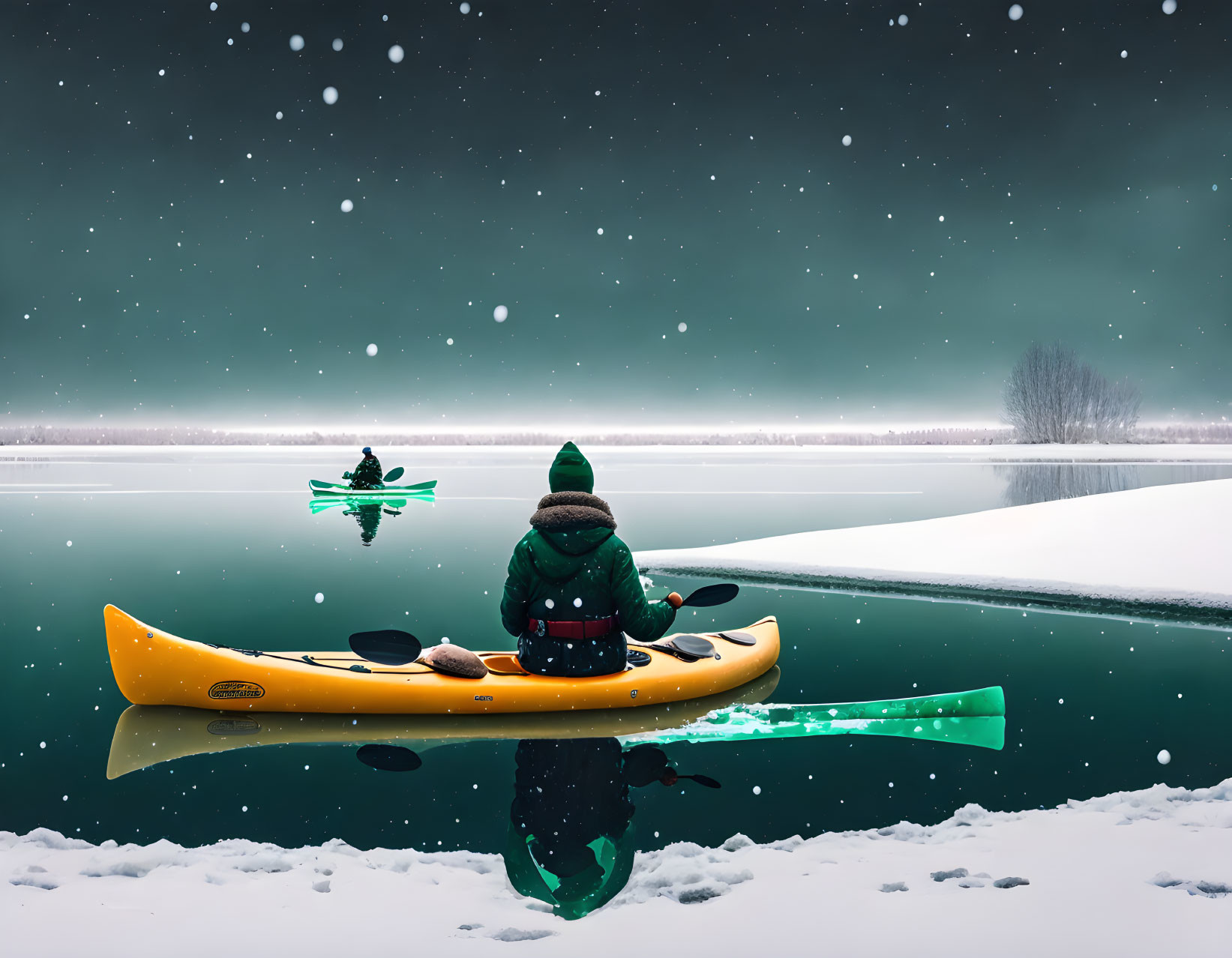 Winter kayaking on serene snowy river at night