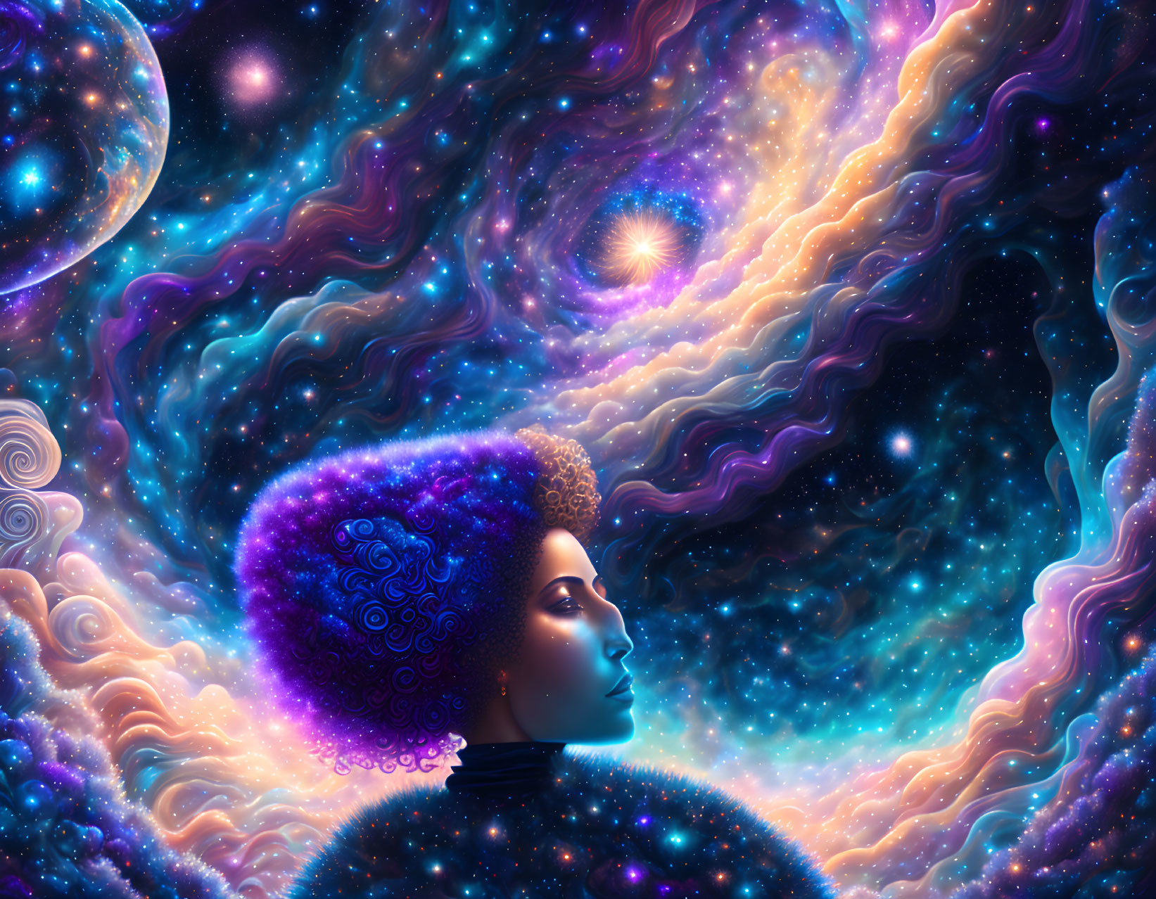 Afro-haired person in surreal cosmic portrait