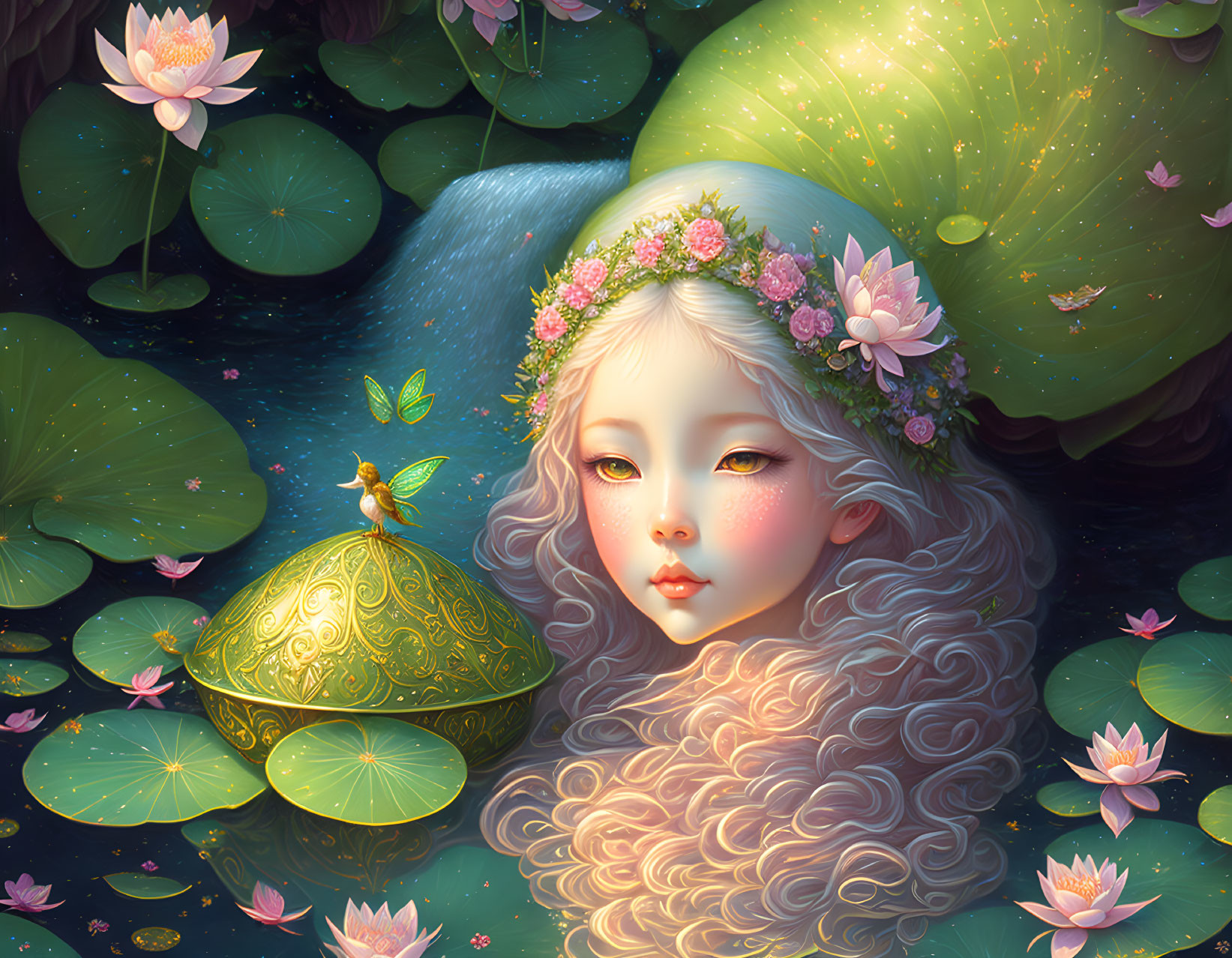 Illustration of girl with wavy hair in pond with lotus flowers and fairy.