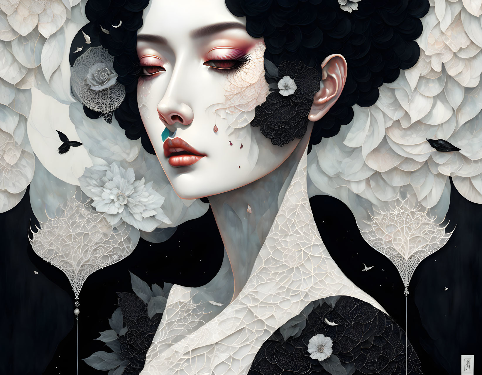 Monochromatic surreal portrait of woman with black hair, pale skin, white flowers, butterflies, lace