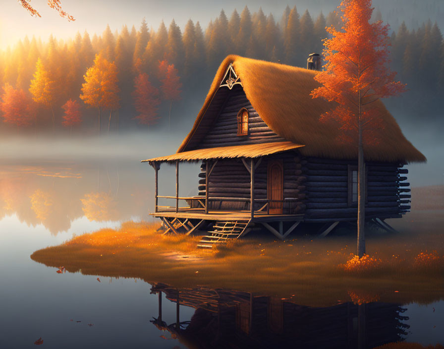 Tranquil autumn cabin by lake with golden hour reflections