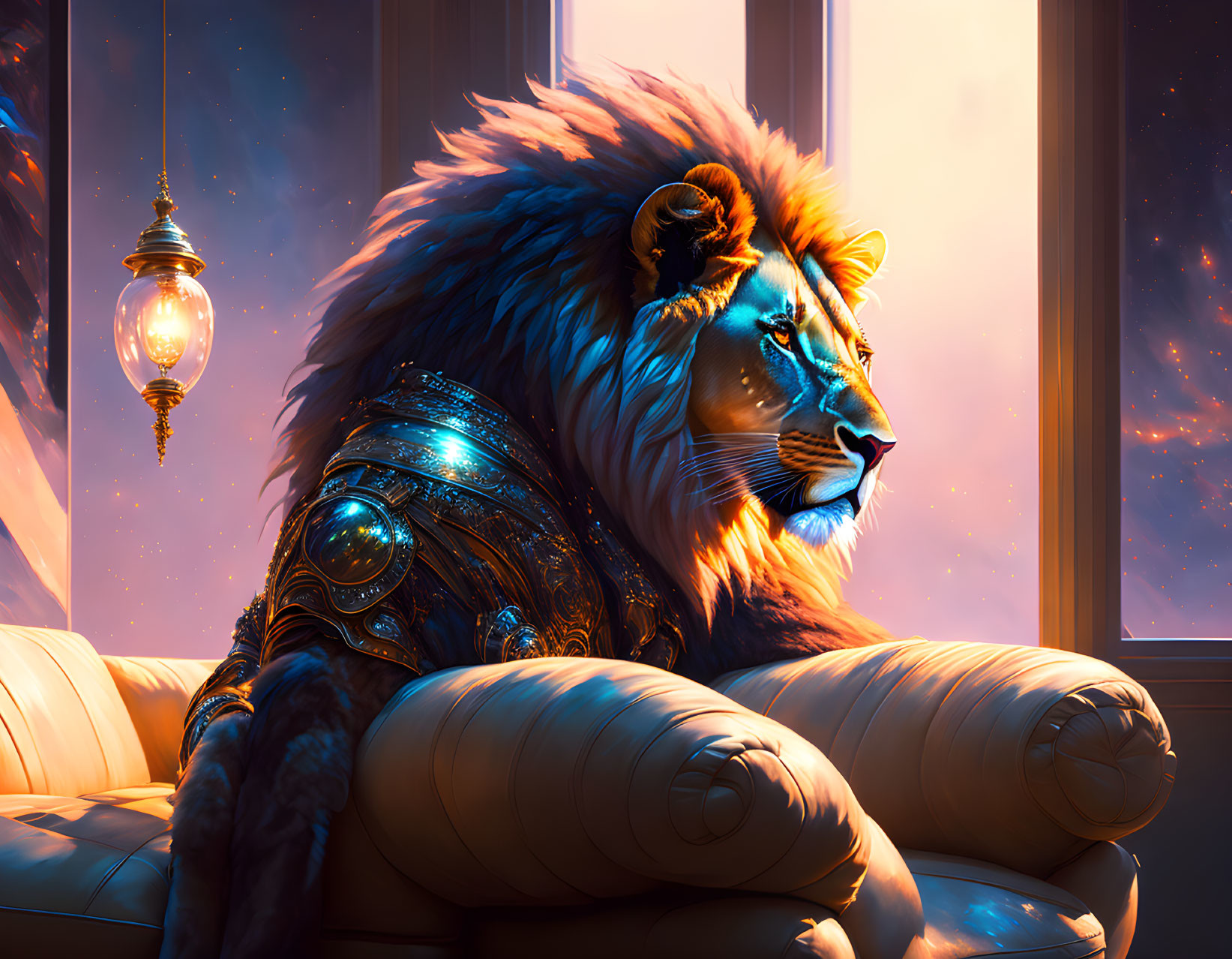 Regal lion with vibrant mane on cream sofa by starlit window