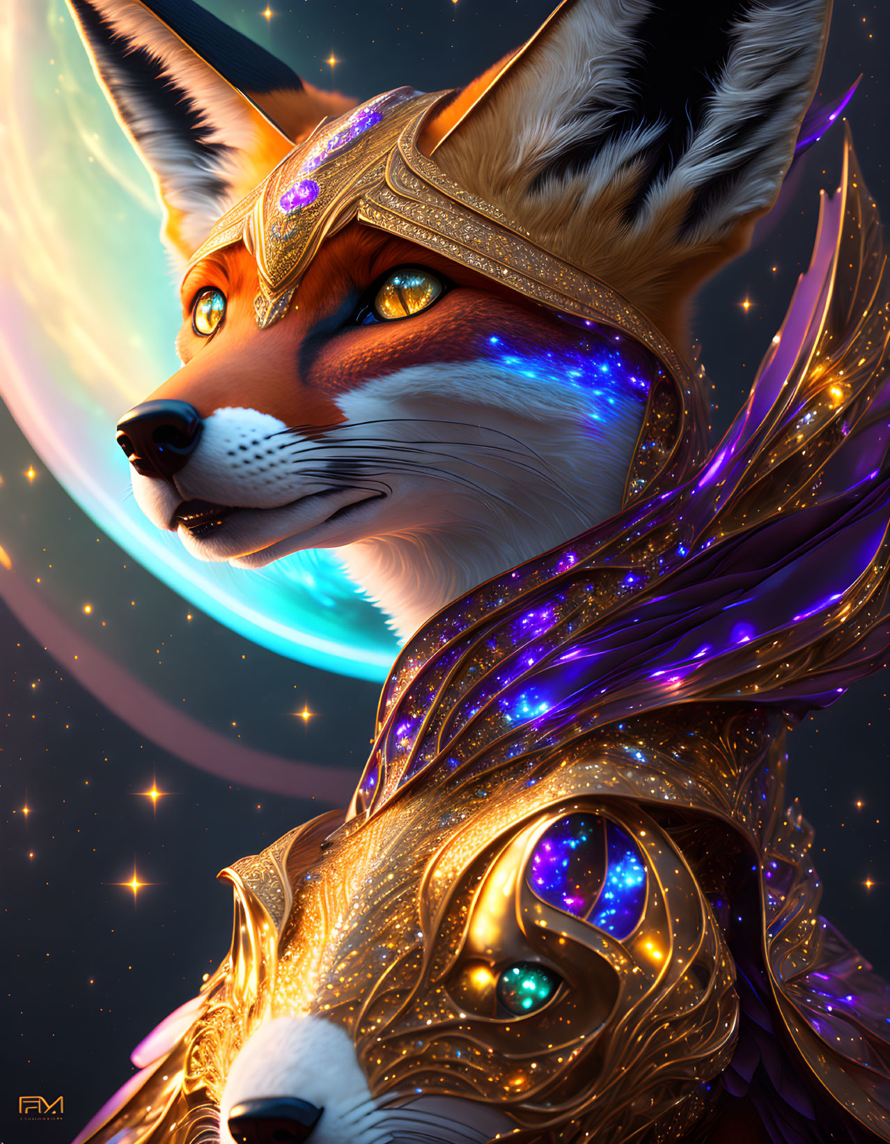 Anthropomorphic fox in golden armor on starry background