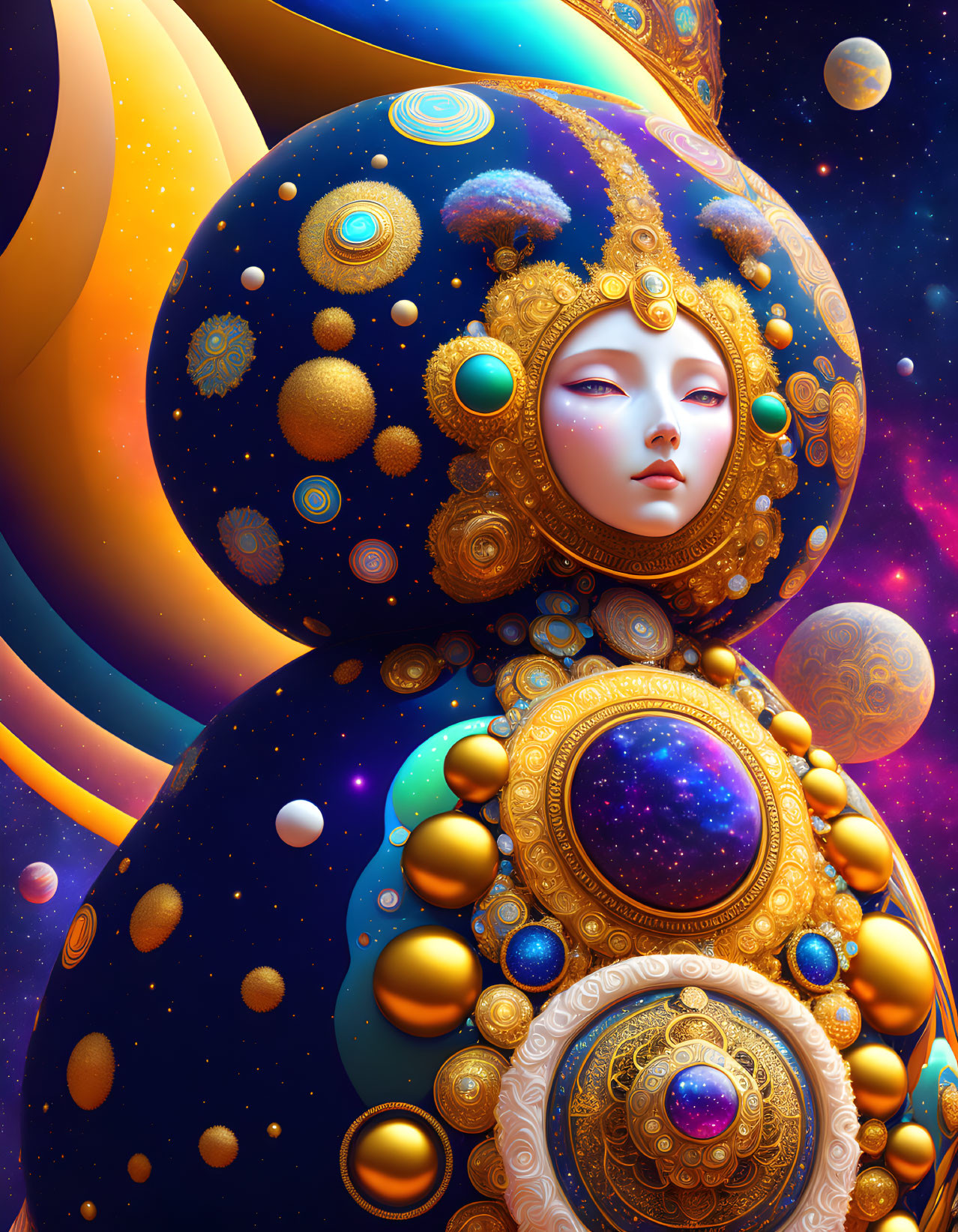 Cosmic digital artwork featuring female figure with celestial orbs and golden patterns