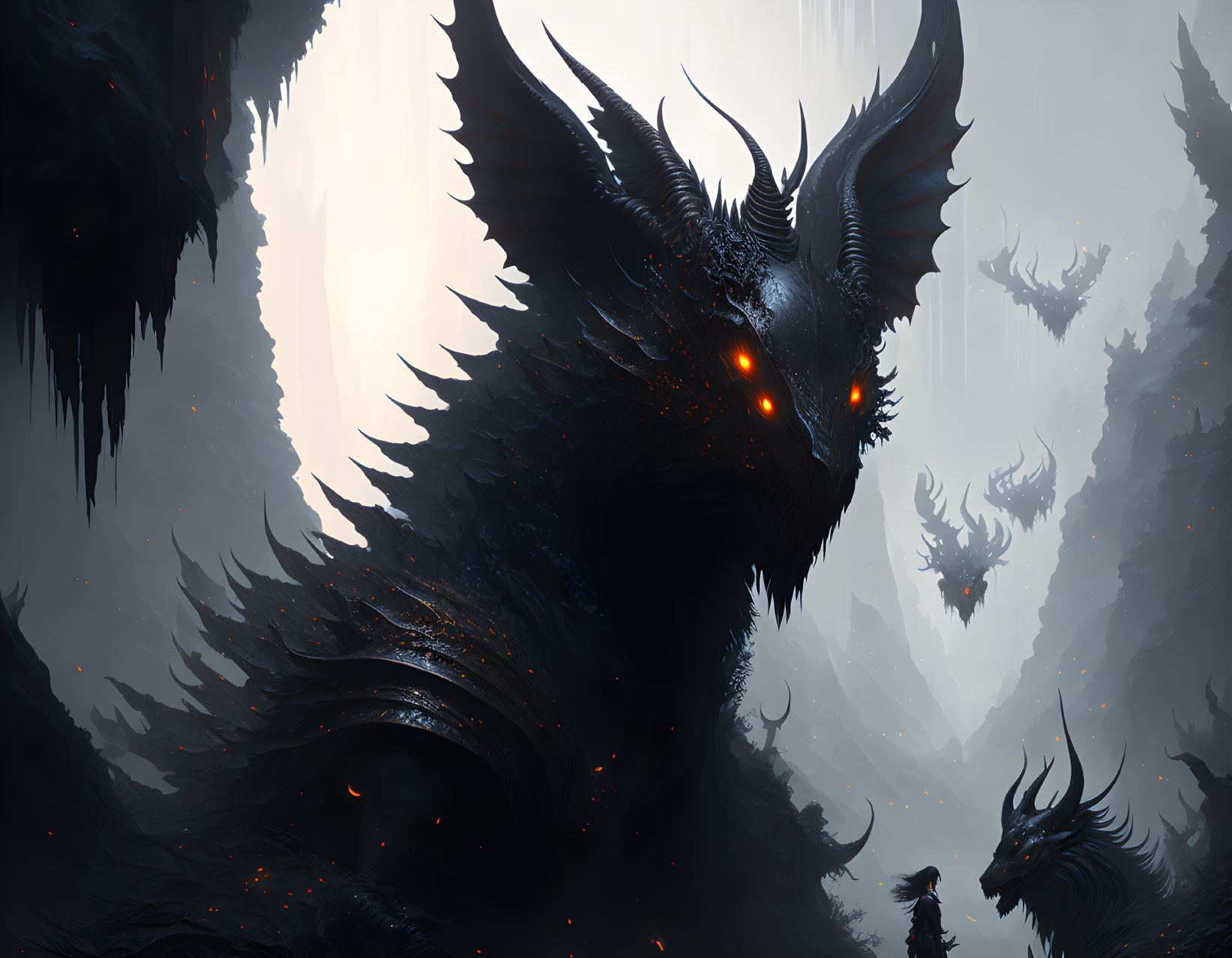 Sinister dragon with glowing red eyes in dark, misty landscape