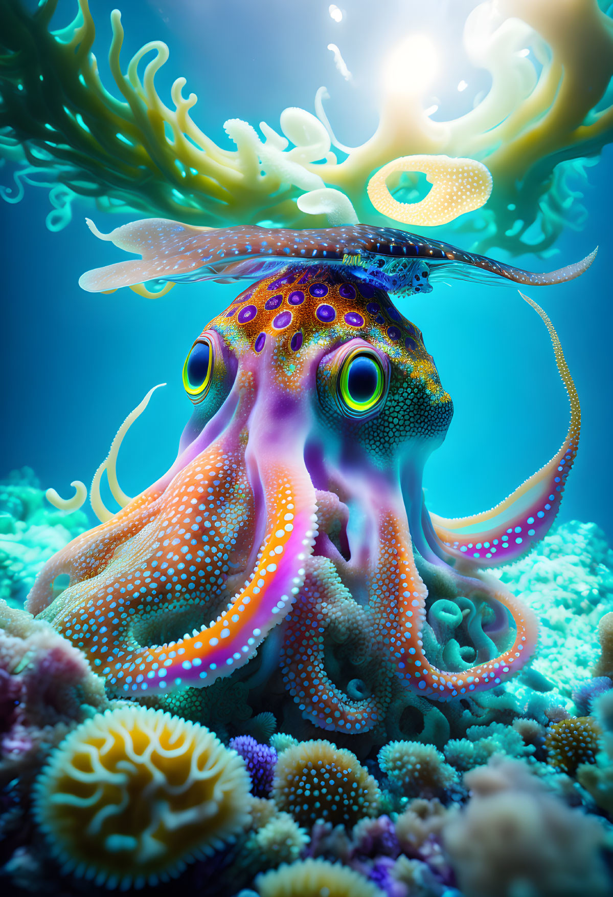 Colorful Octopus Resting on Coral Reef with Luminescent Sea Life