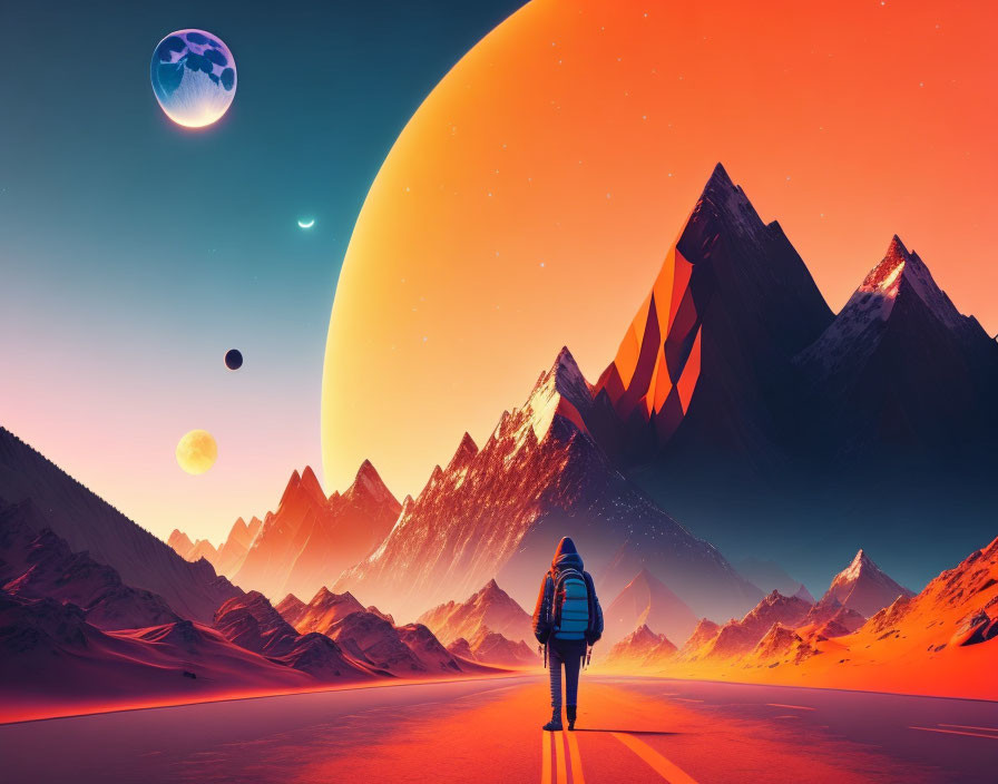 Surreal landscape with orange skies, moons, and stylized mountains