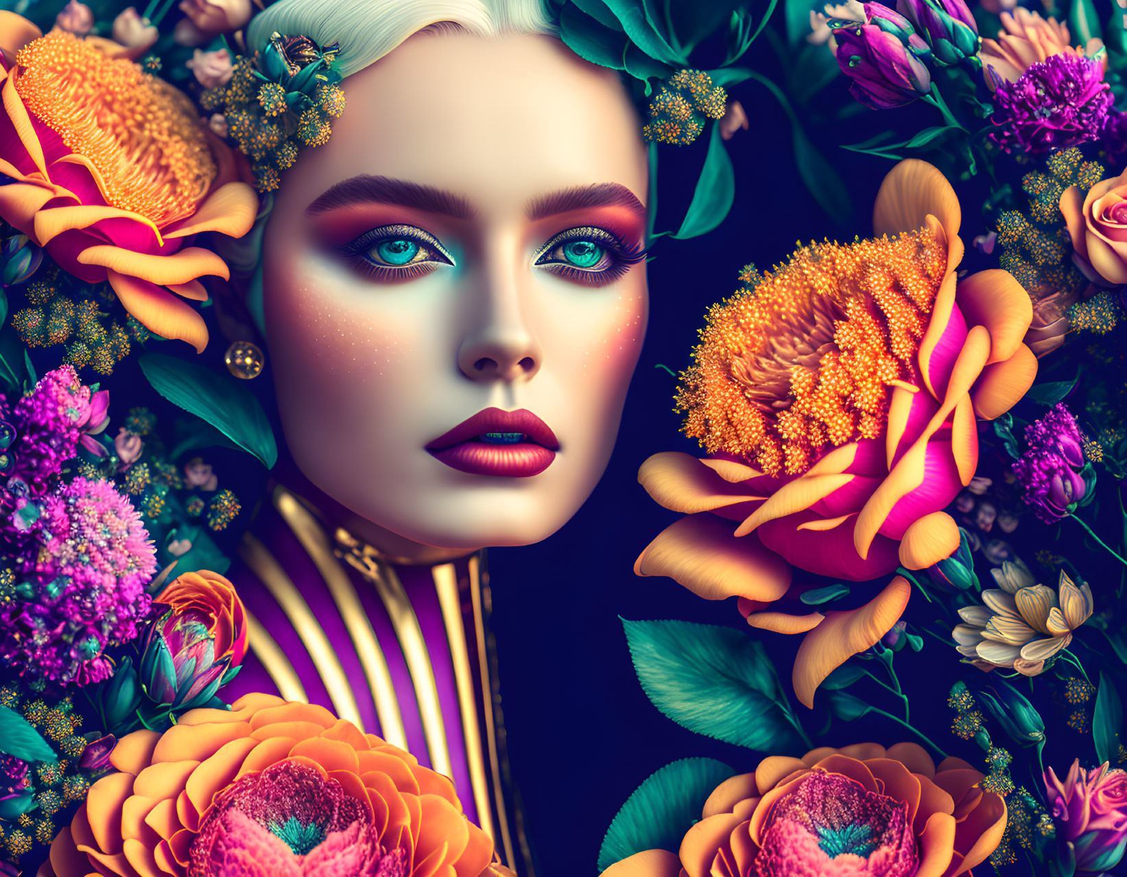 Colorful flowers frame woman with bold makeup & blue eyes