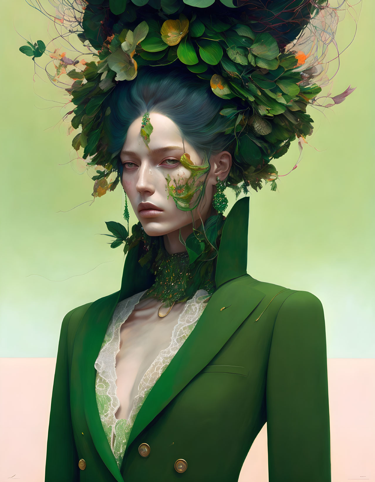 Blue-skinned woman in foliage headdress and green suit: ethereal elegance