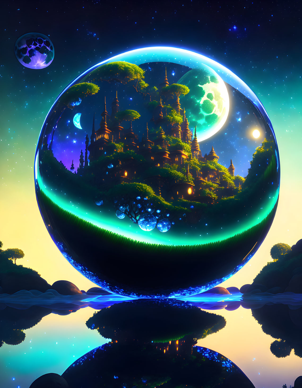 Vibrant digital artwork of spherical world with greenery, mystical structures, moon, starry sky