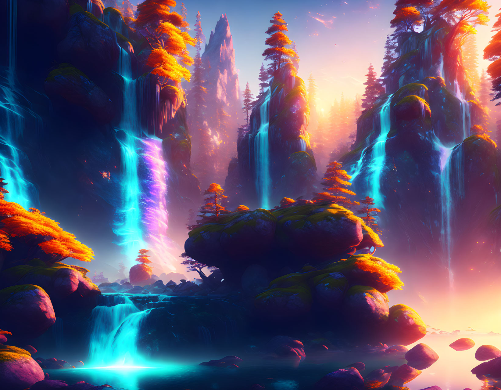 Mystical landscape with cascading waterfalls and luminous flora