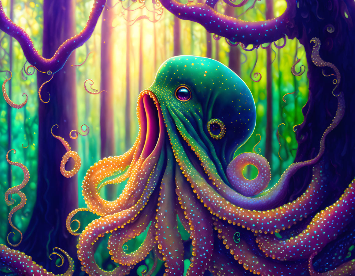 Colorful digital art featuring a mythical octopus in a whimsical forest