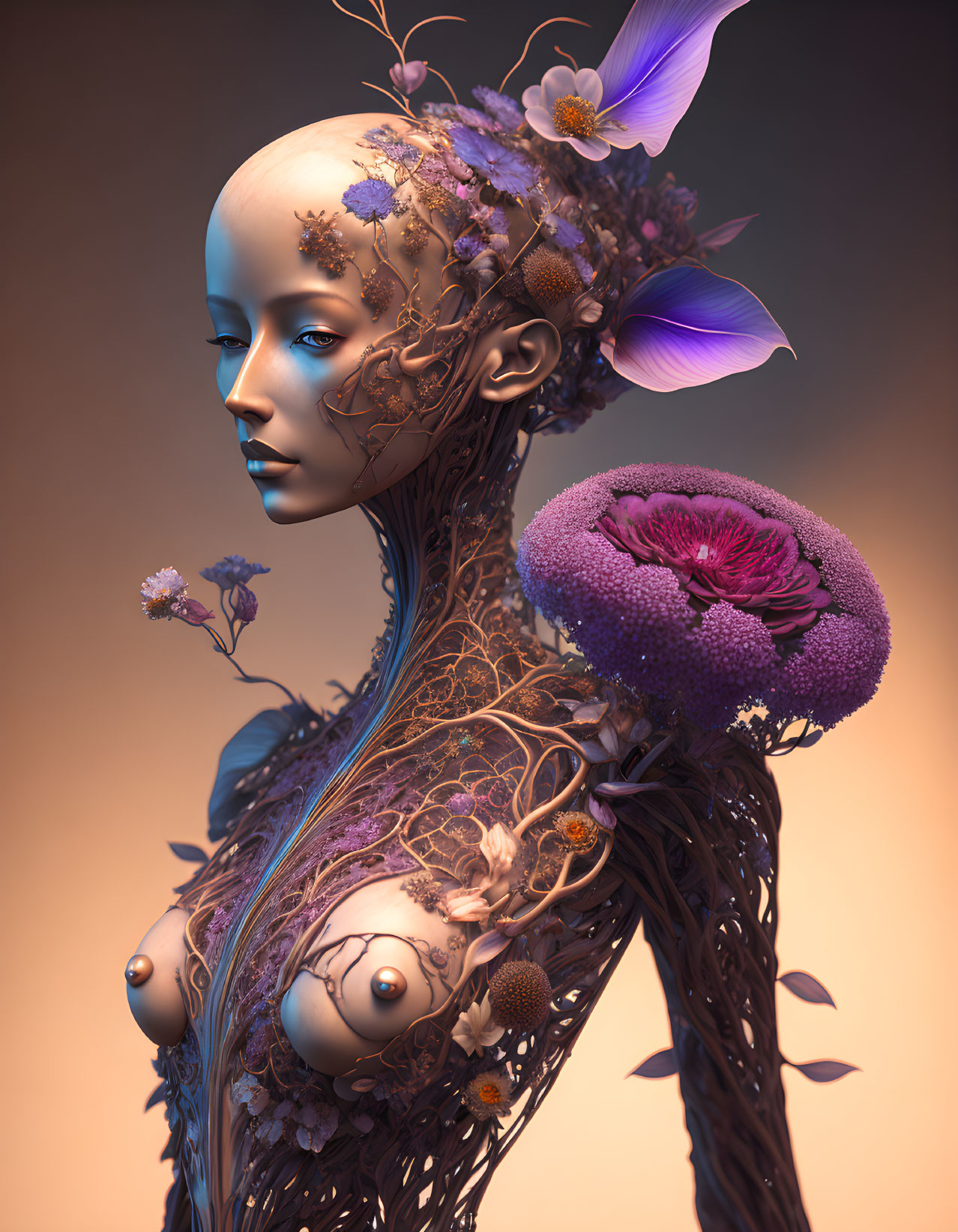 Digital art portrait featuring humanoid figure with floral structures on warm background