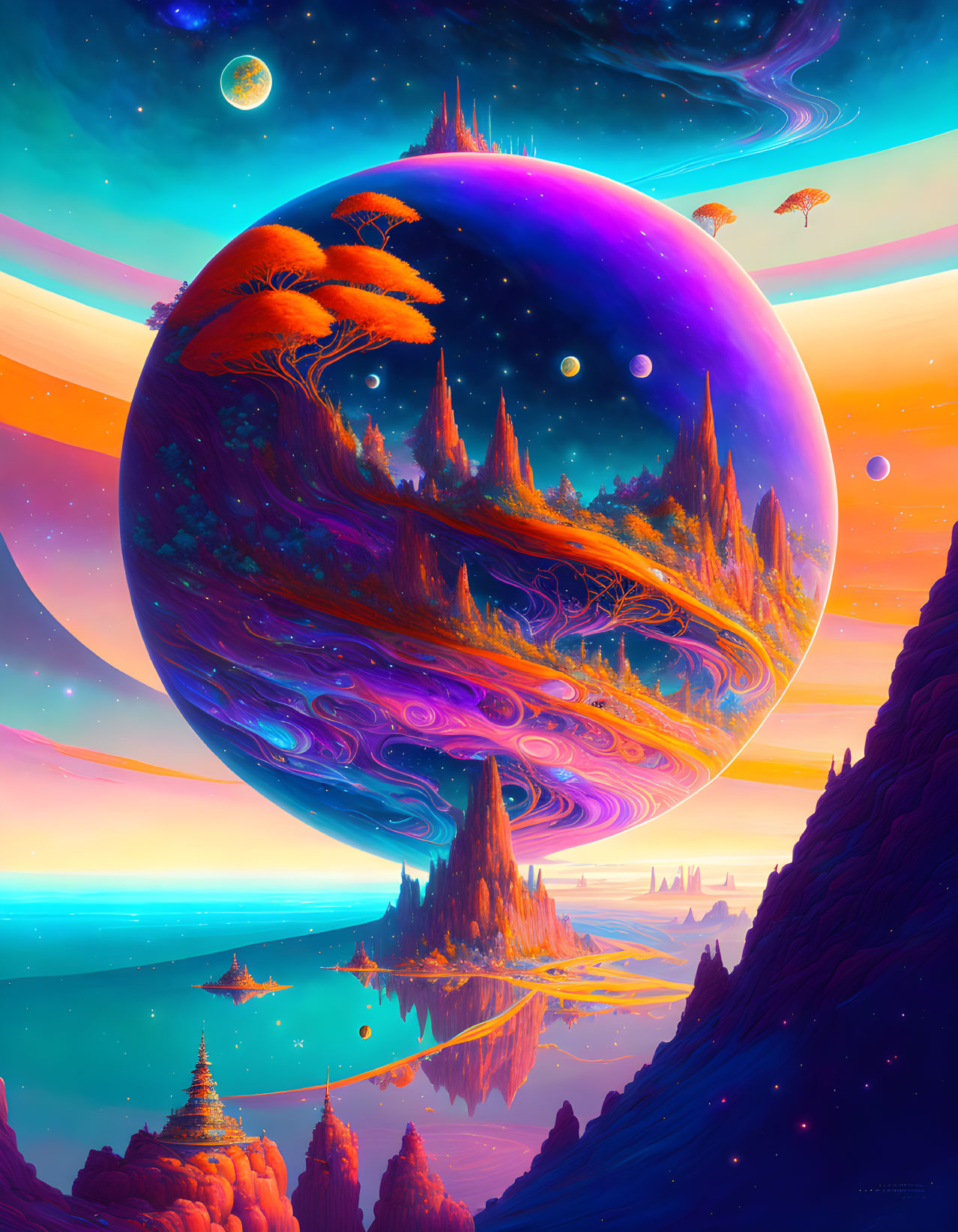 Surreal landscape with alien trees, giant planet, moons, and colorful sky