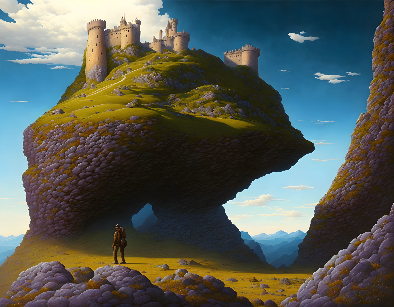 Person standing before surreal castle on towering rock formation