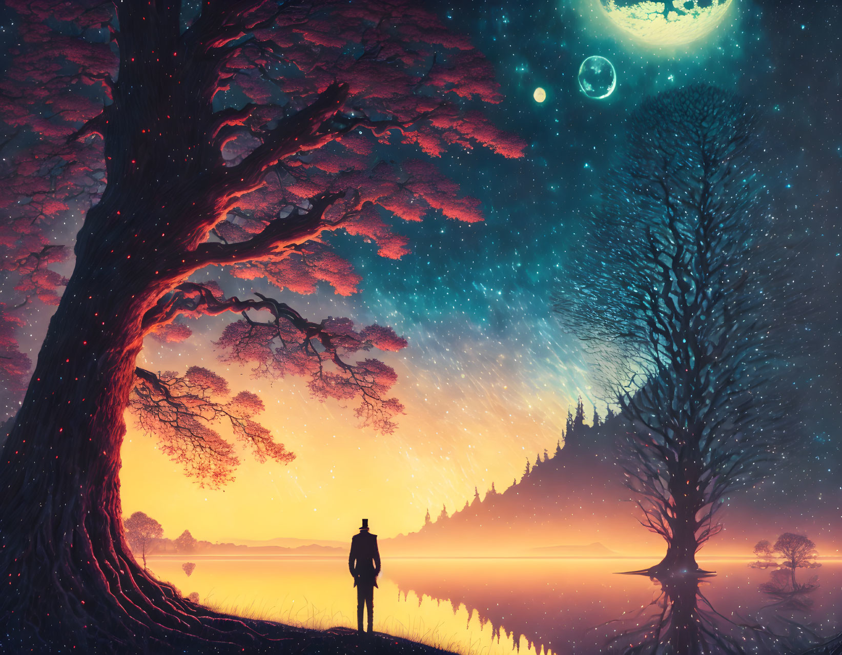 Person under starry sky by lake with galaxy and two moons