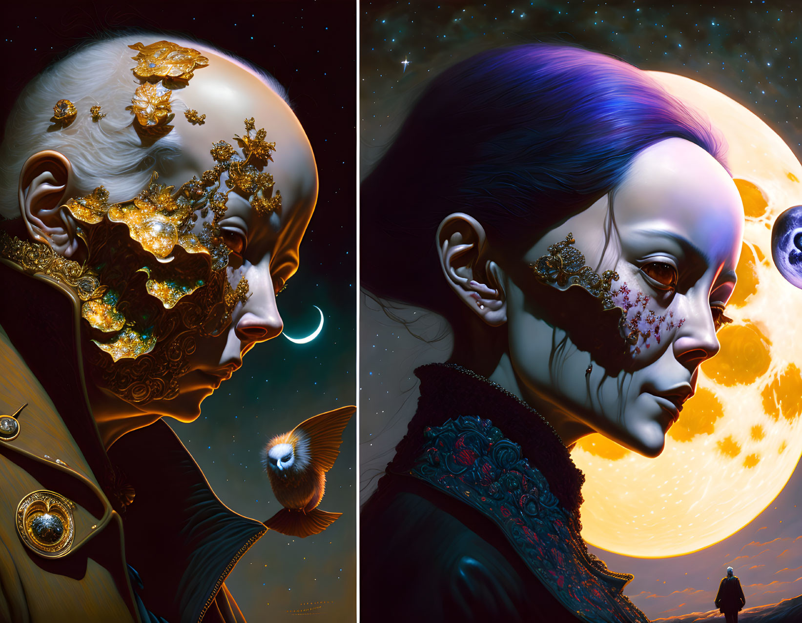 Surreal portraits: golden-masked figures in cosmic scenes