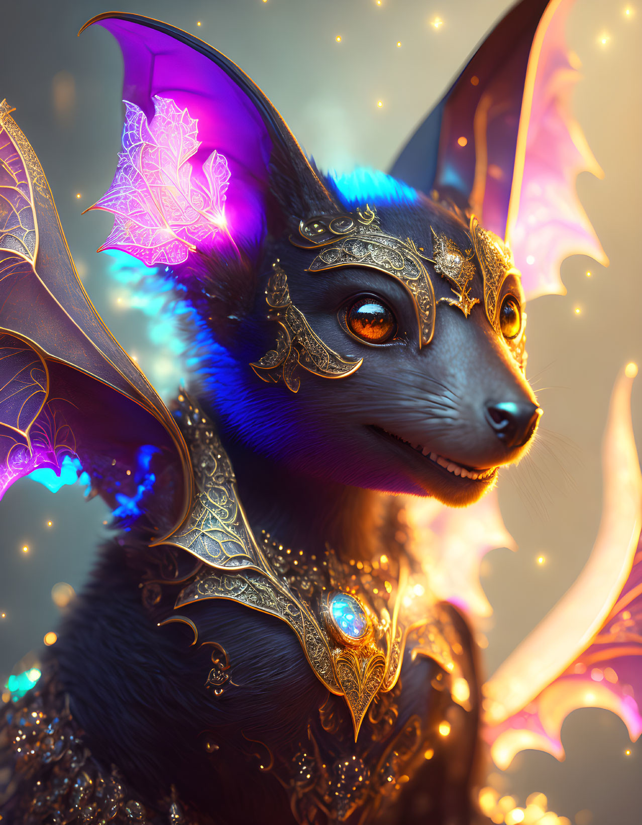 Whimsical bat illustration with glowing purple wings and gold armor