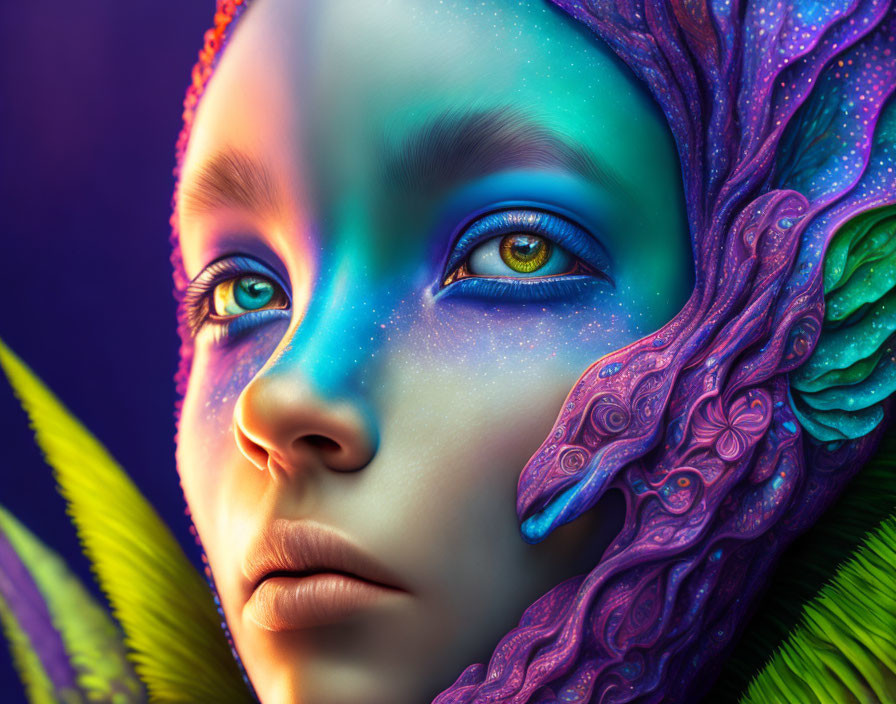 Colorful digital portrait: blue-eyed figure with cosmic skin and intricate purple filigree and feather details